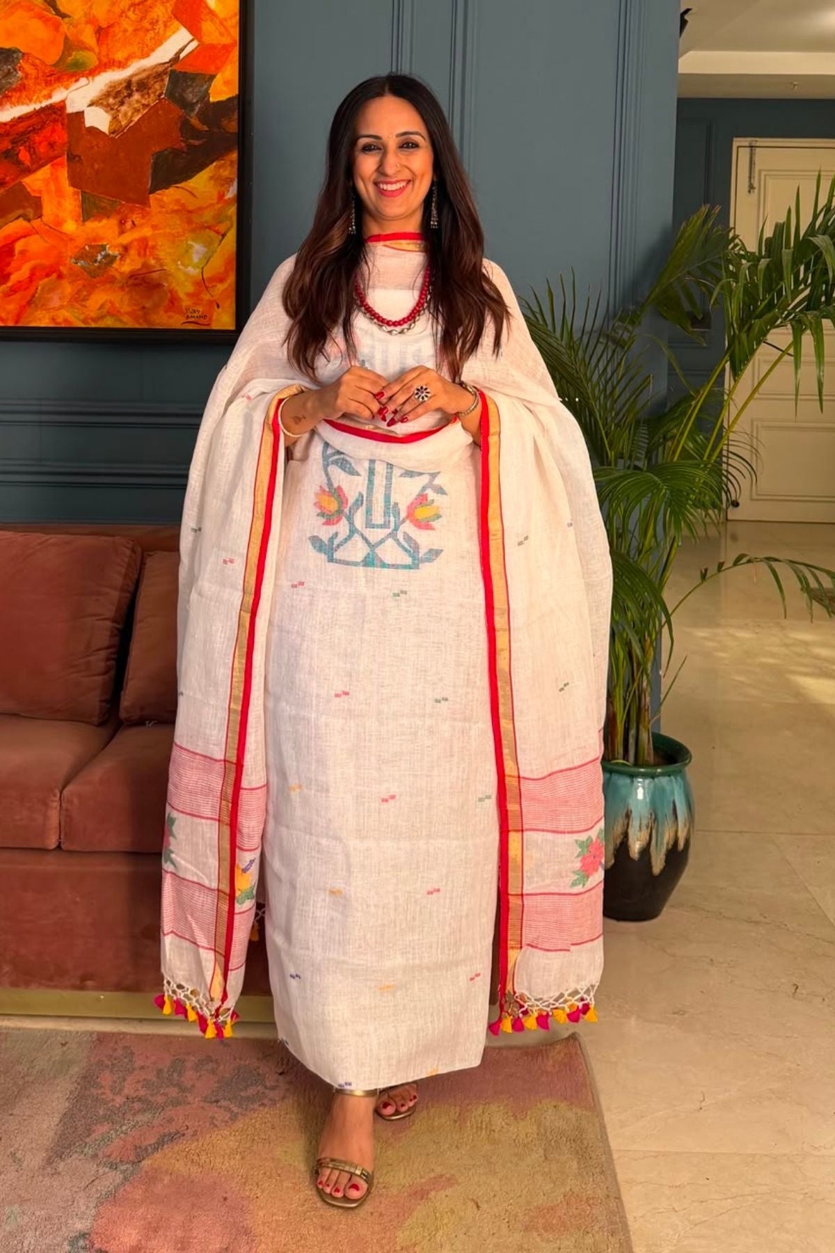 Jamdani weave kurta dupatta set on 100 count linen by linen!!