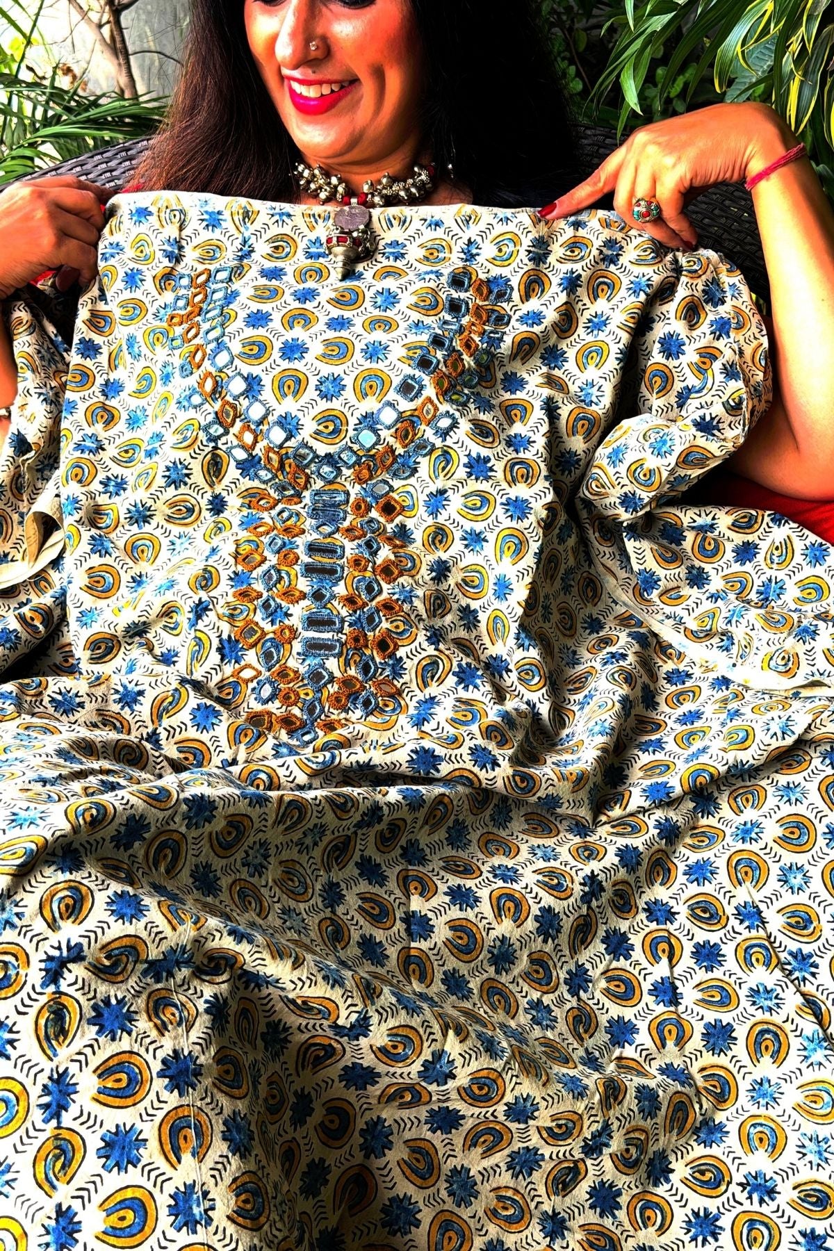 Handblocked pure cotton kurta with Kutch mirror work embroidery!!