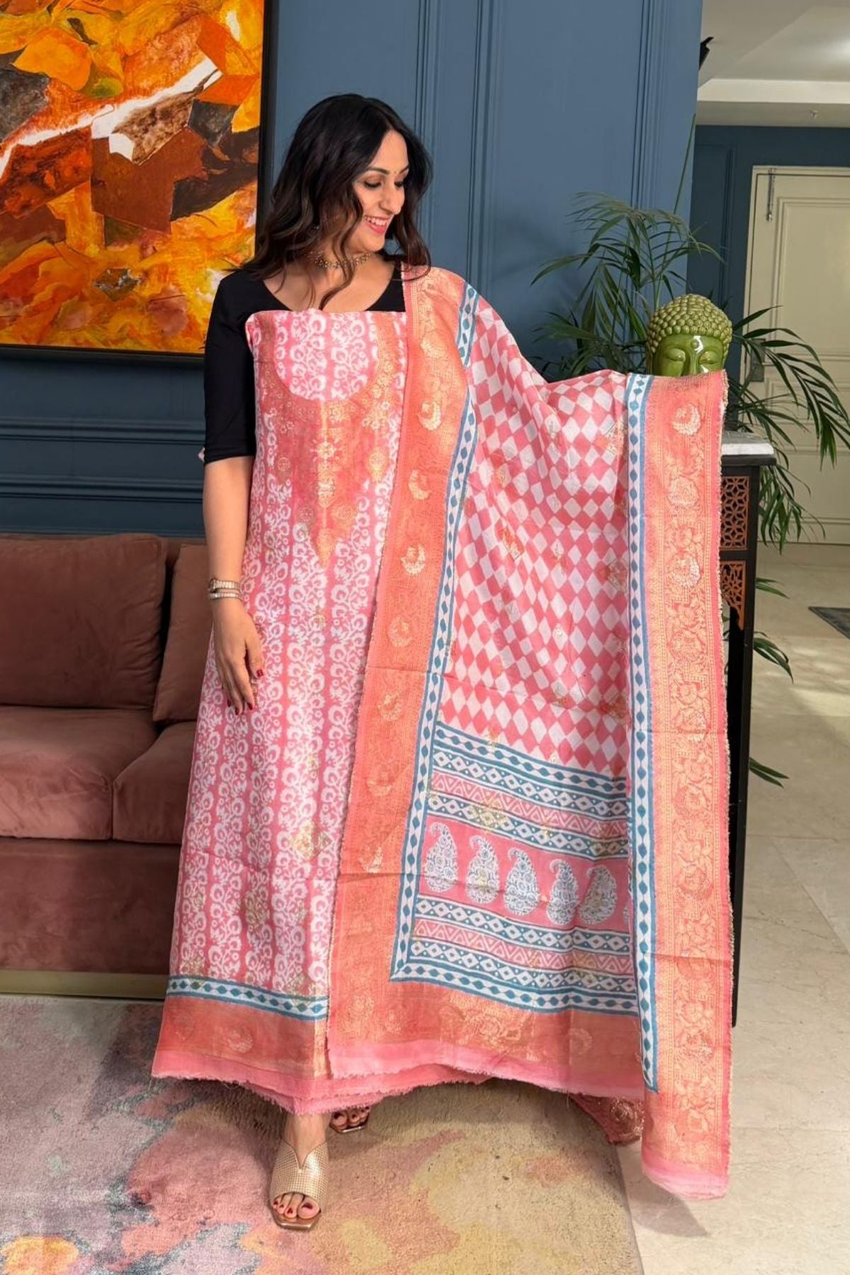 Handblocked Bagh indigo sets on Dola Silk