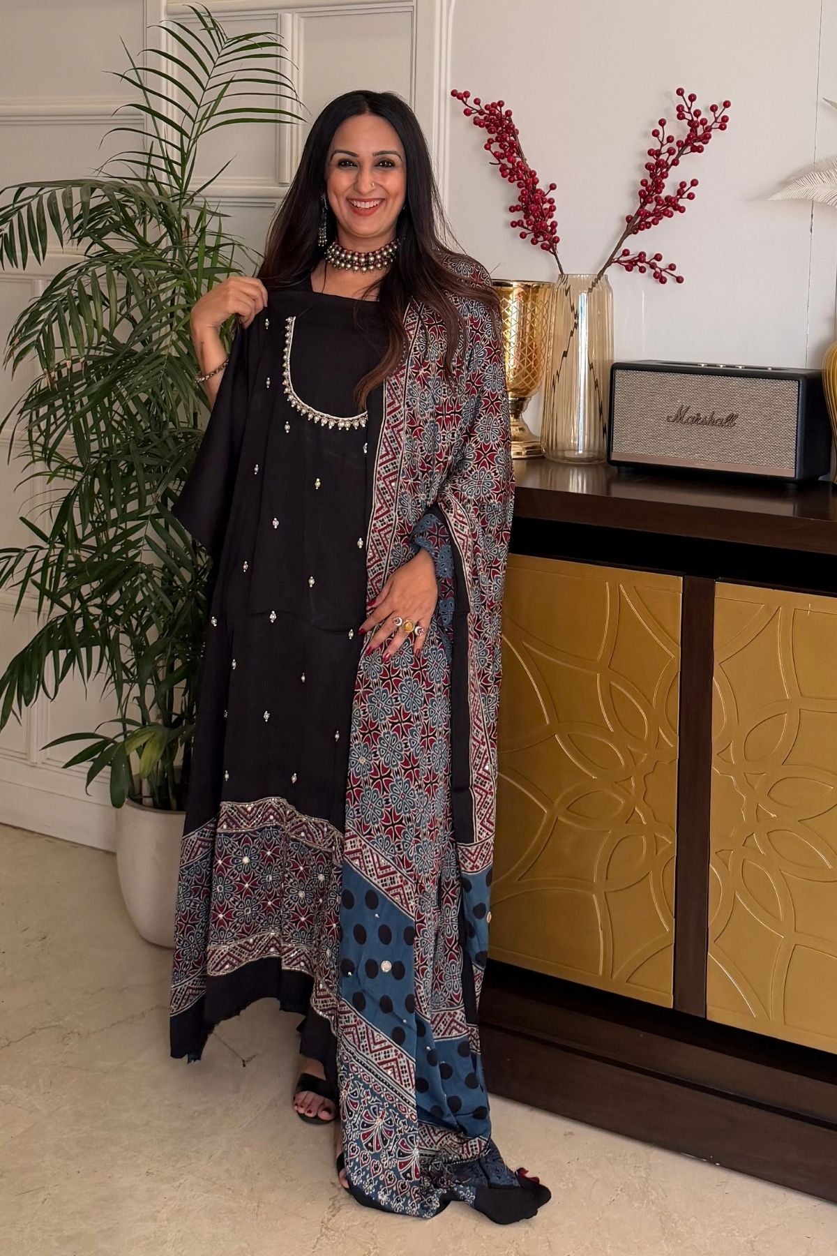 Handblocked Ajrakh kurta dupatta set with very intricate hand embroidery!!
