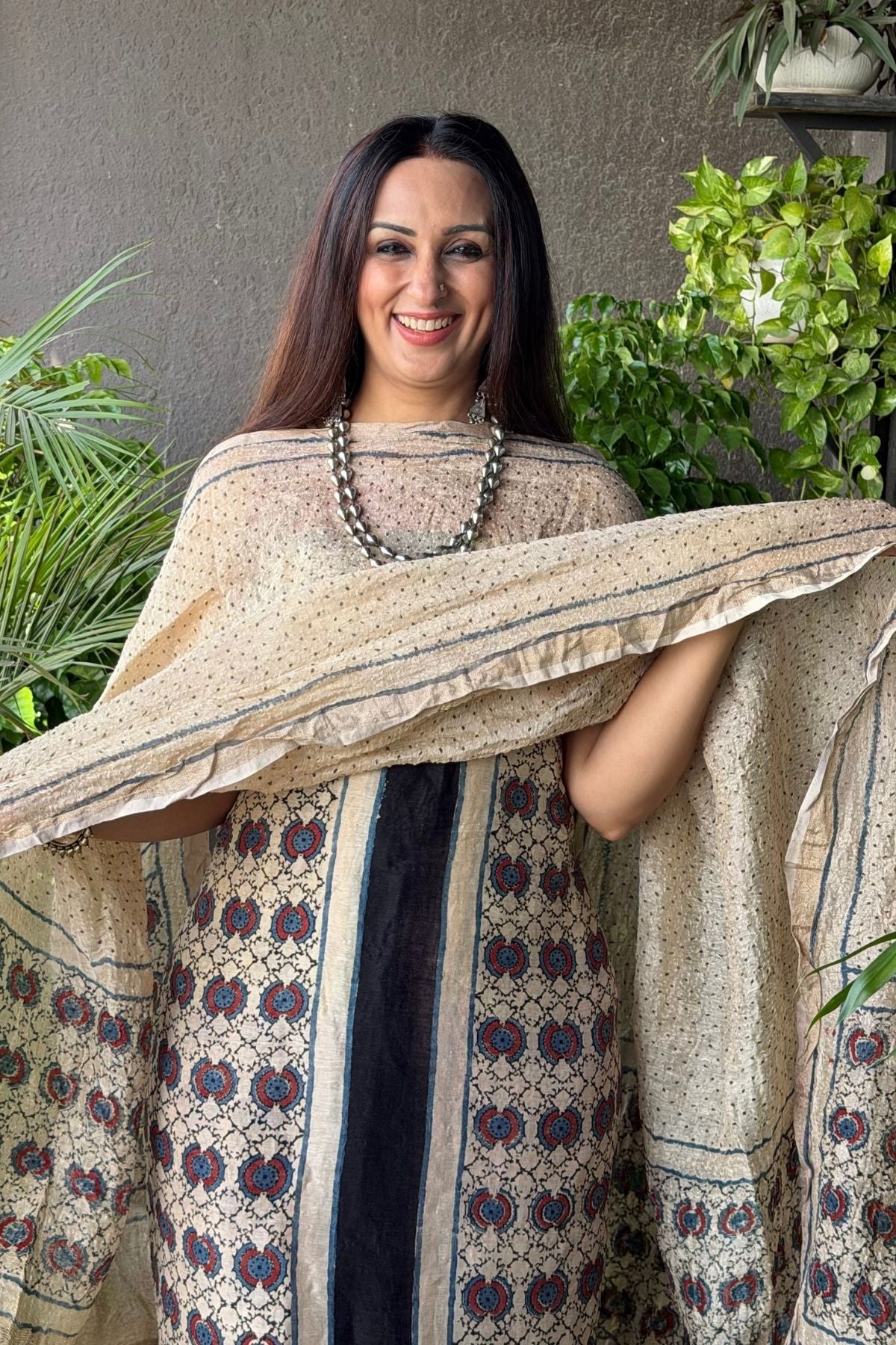 Ajrakh On Pure Linen Silk