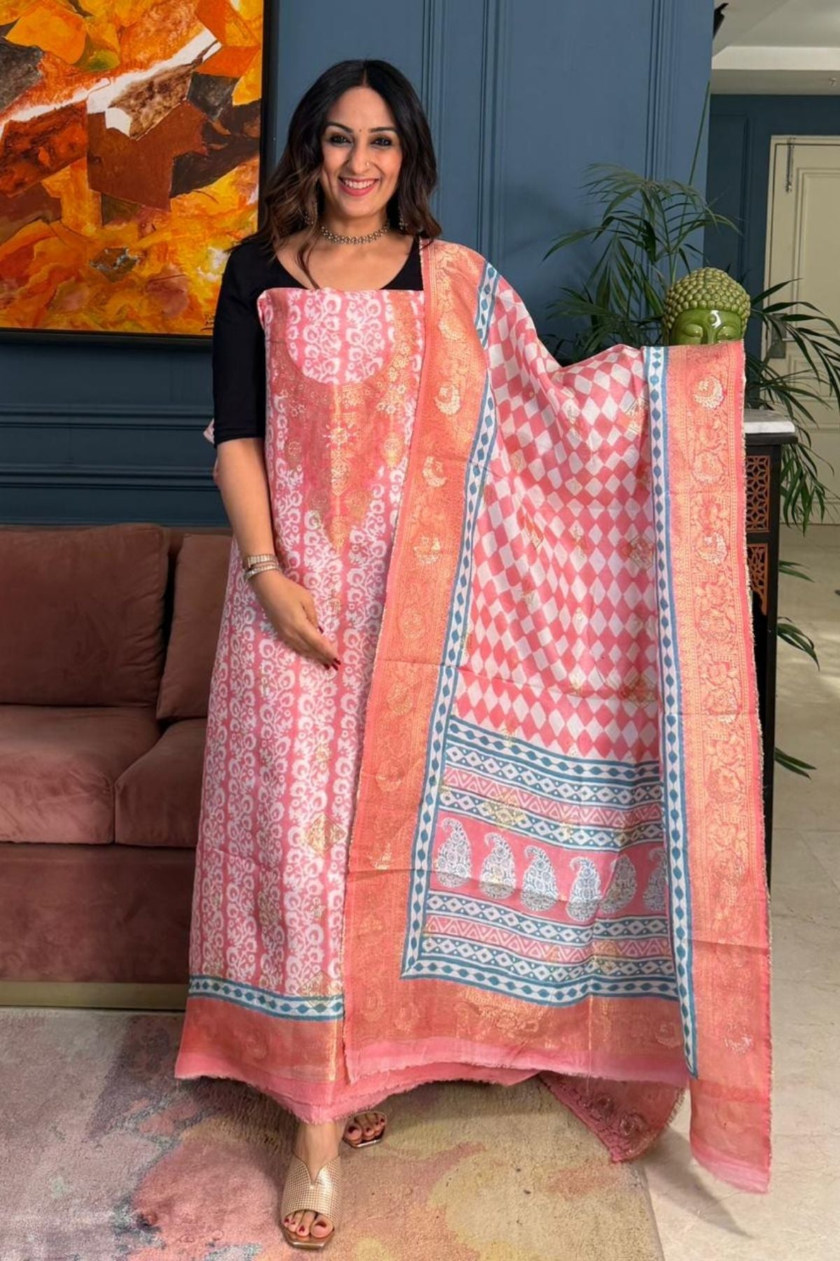 Handblocked Bagh indigo sets on Dola Silk
