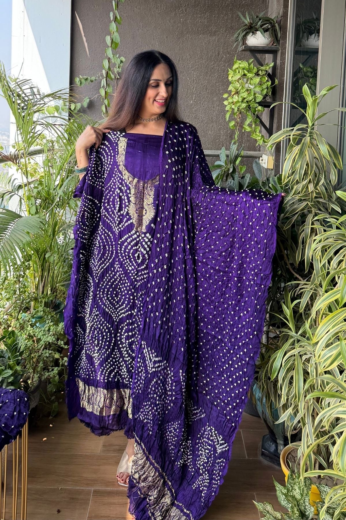 Pure modal silk full set with hand done bandhani and zari weaving!!