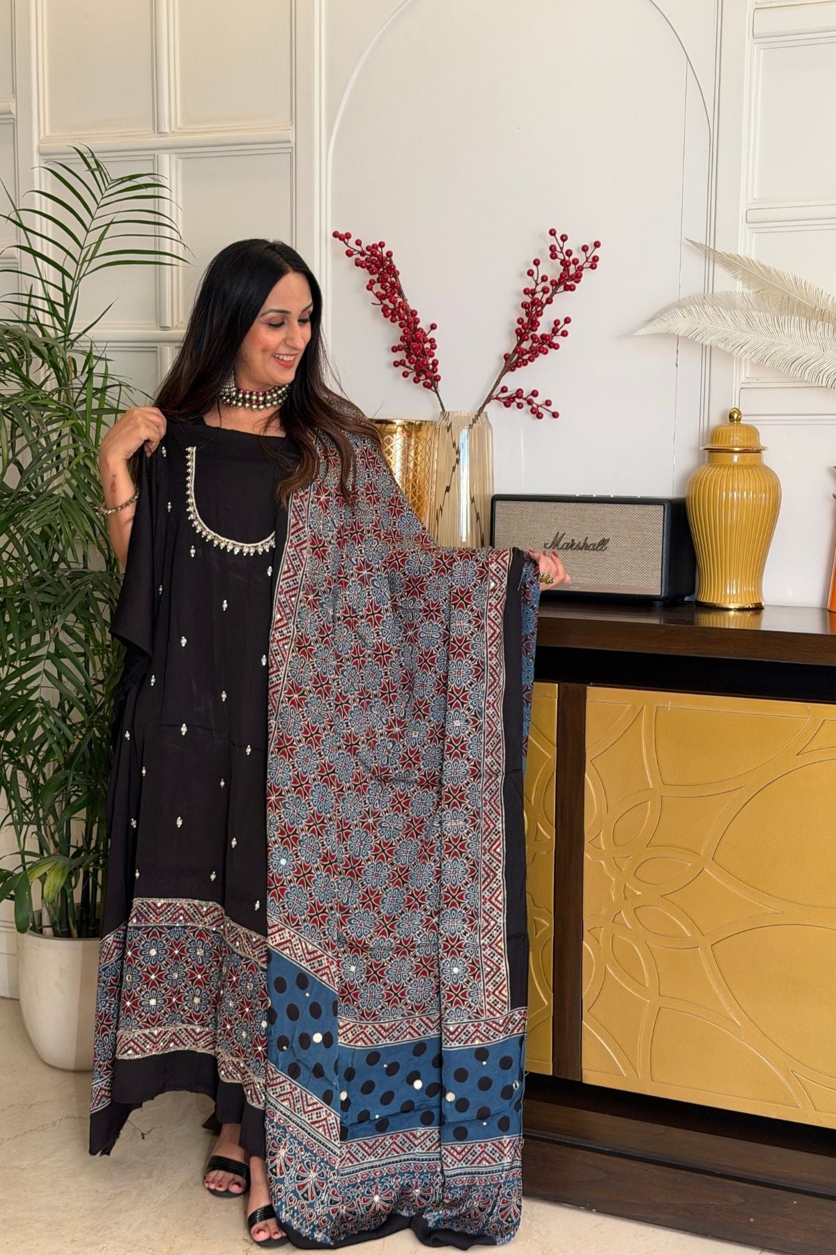 Handblocked Ajrakh kurta dupatta set with very intricate hand embroidery!!