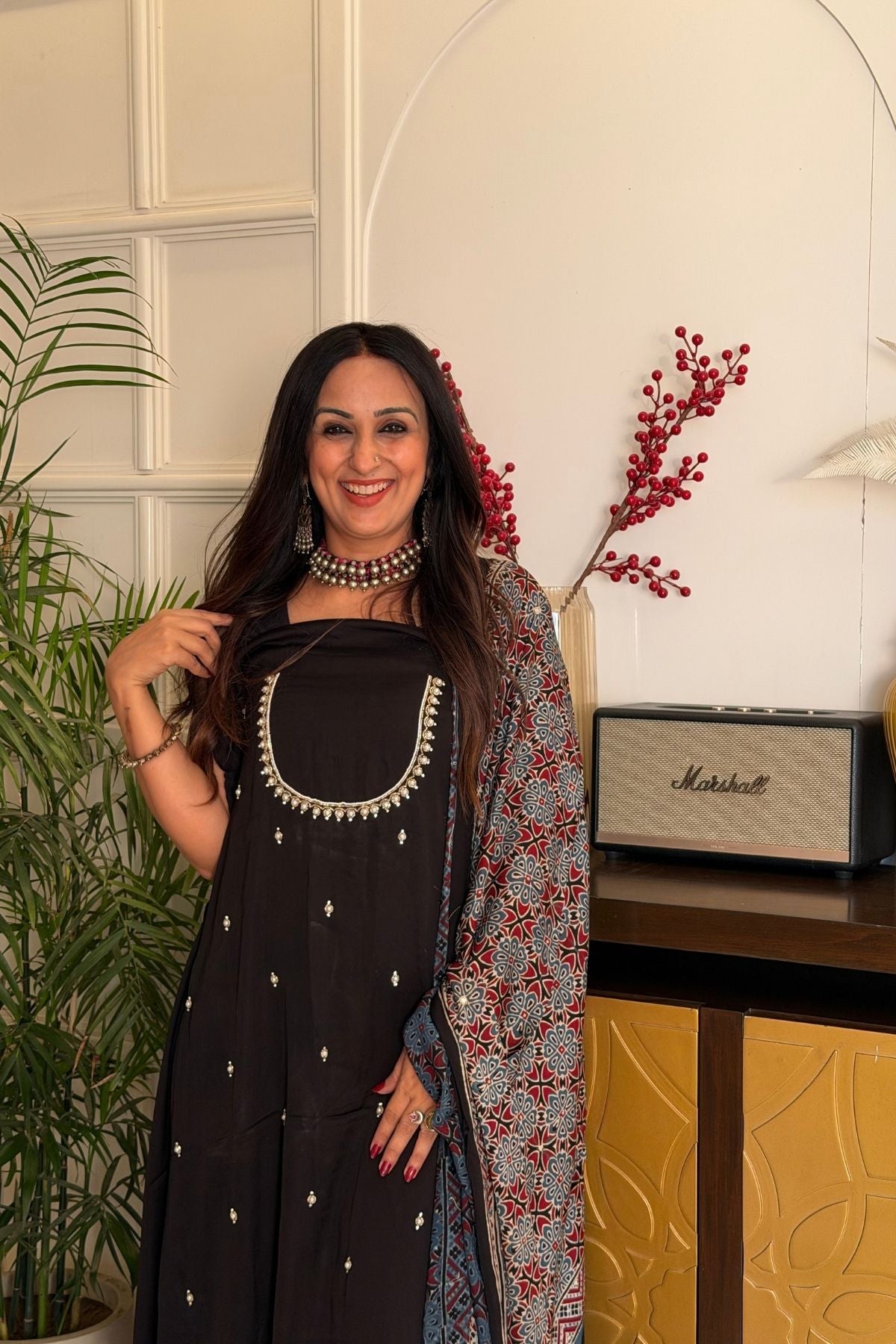Handblocked Ajrakh kurta dupatta set with very intricate hand embroidery!!