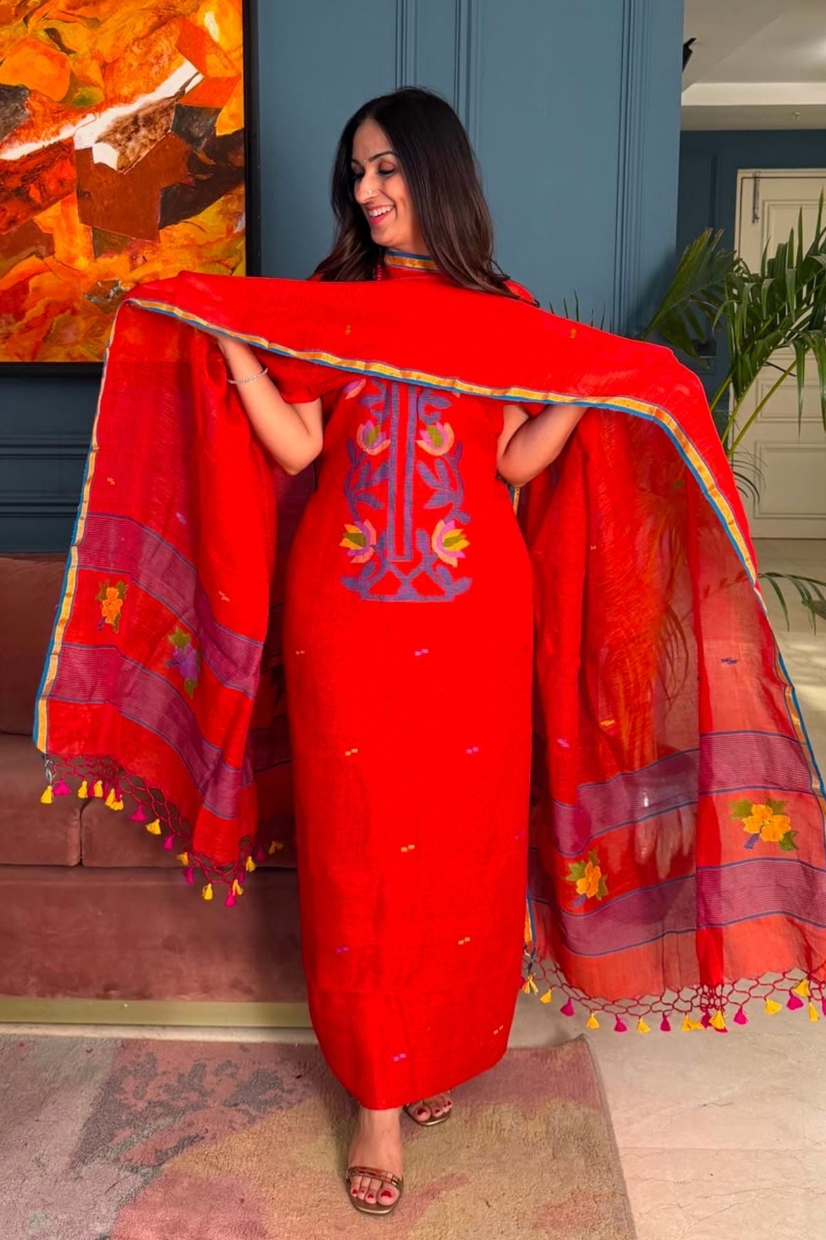 Jamdani weave kurta dupatta set on 100 count linen by linen!!