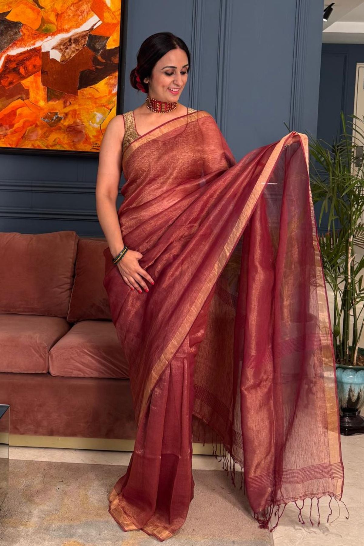 Handwoven pure tissue linen saree