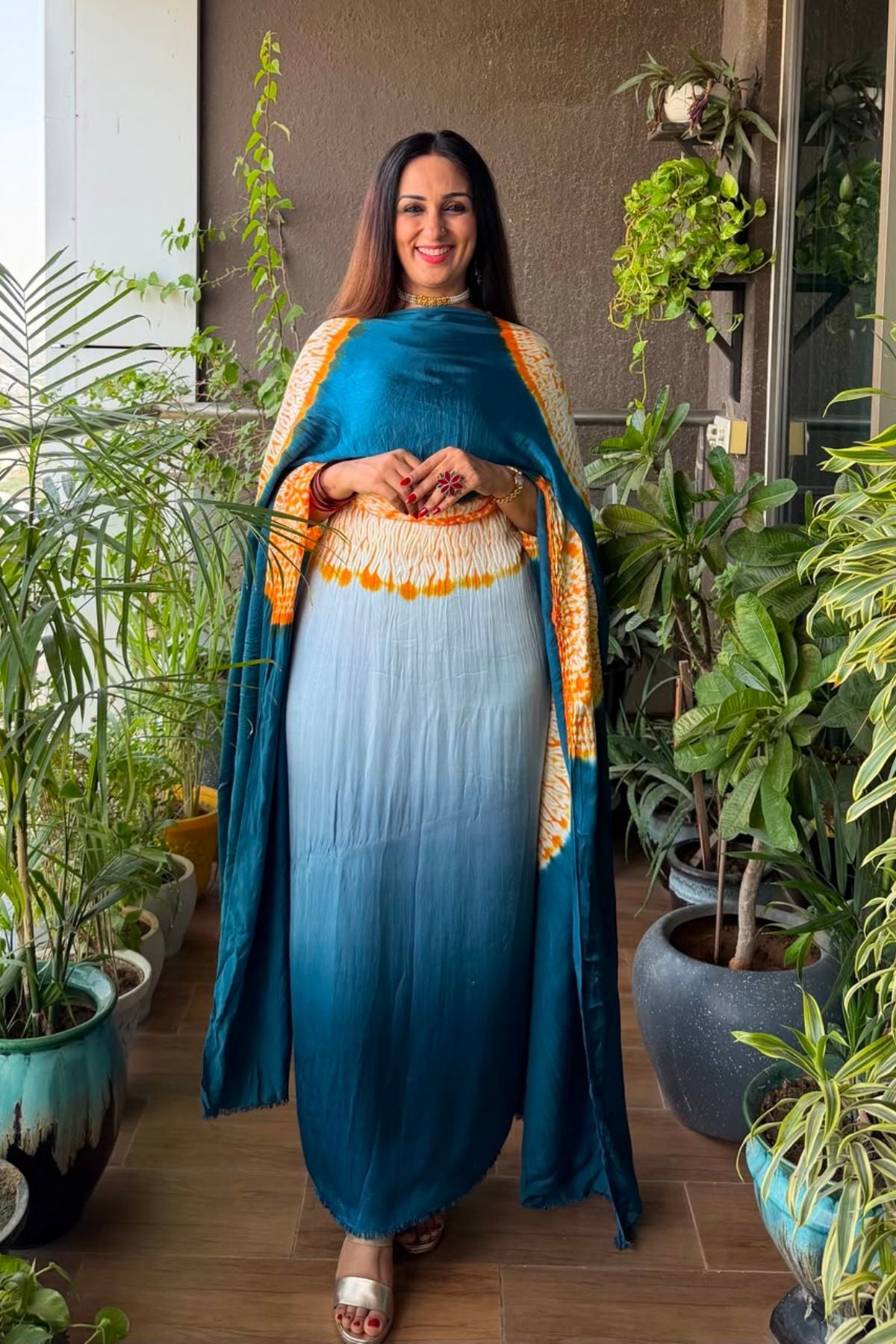 Hand Shibori on pure modal Satin-Kurta and dupatta set!!