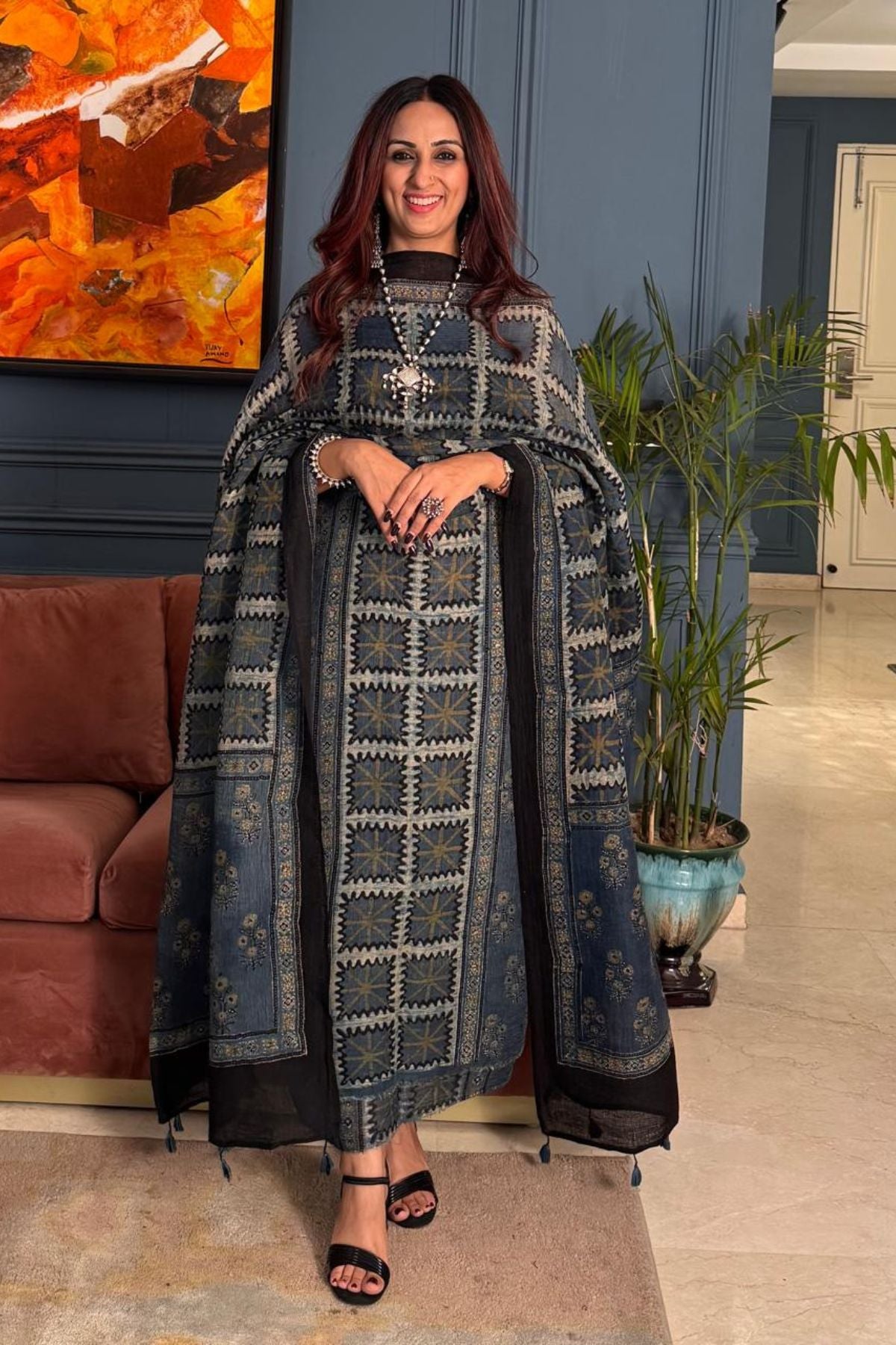 Ajrakh On Pure Linen Silk