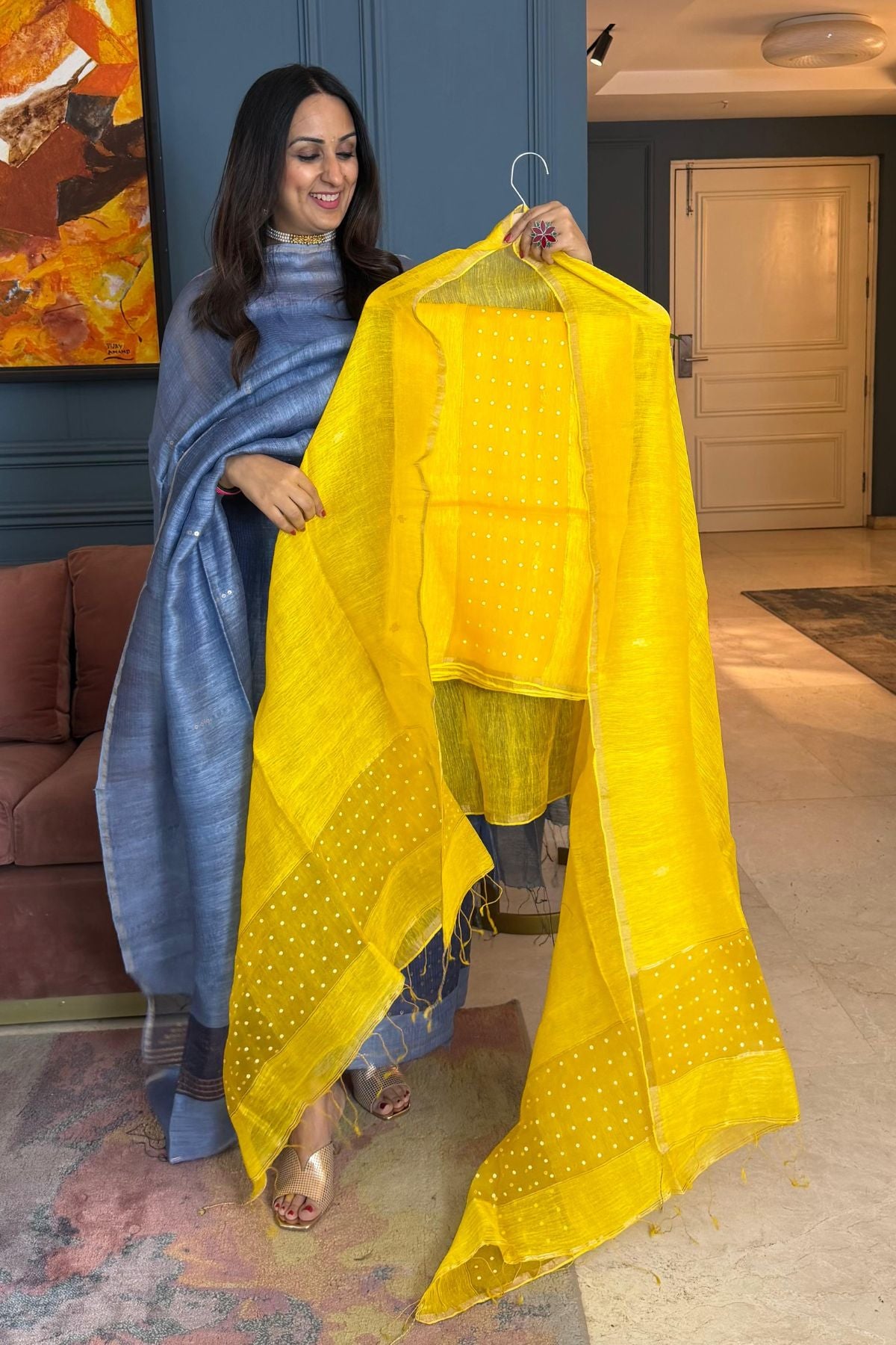Handwoven with fine sequins Pure Linen kurta dupatta sets!!