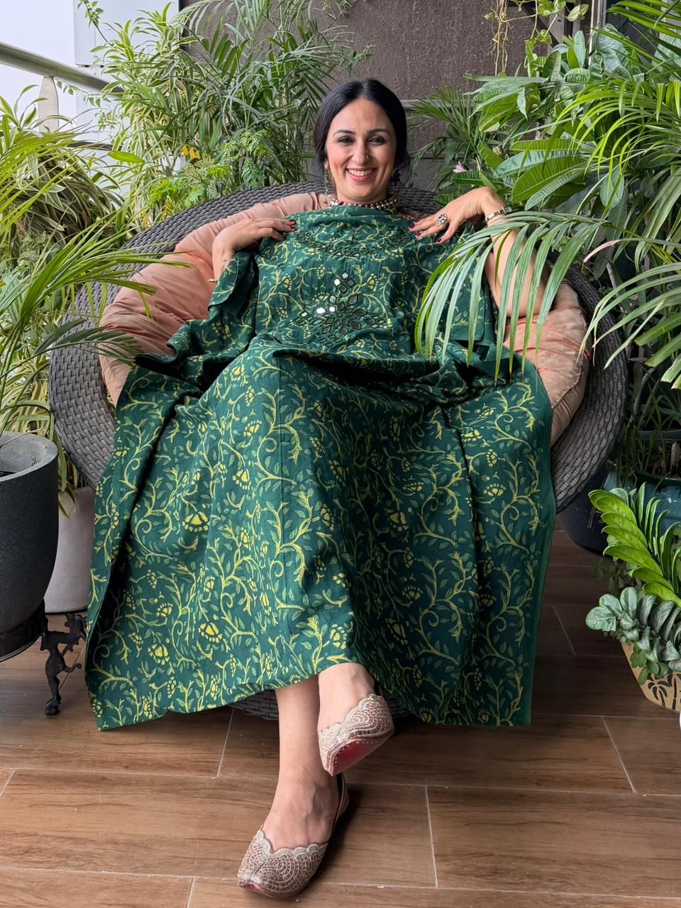 Handblocked pure cotton kurta with Kutch mirror work embroidery!!