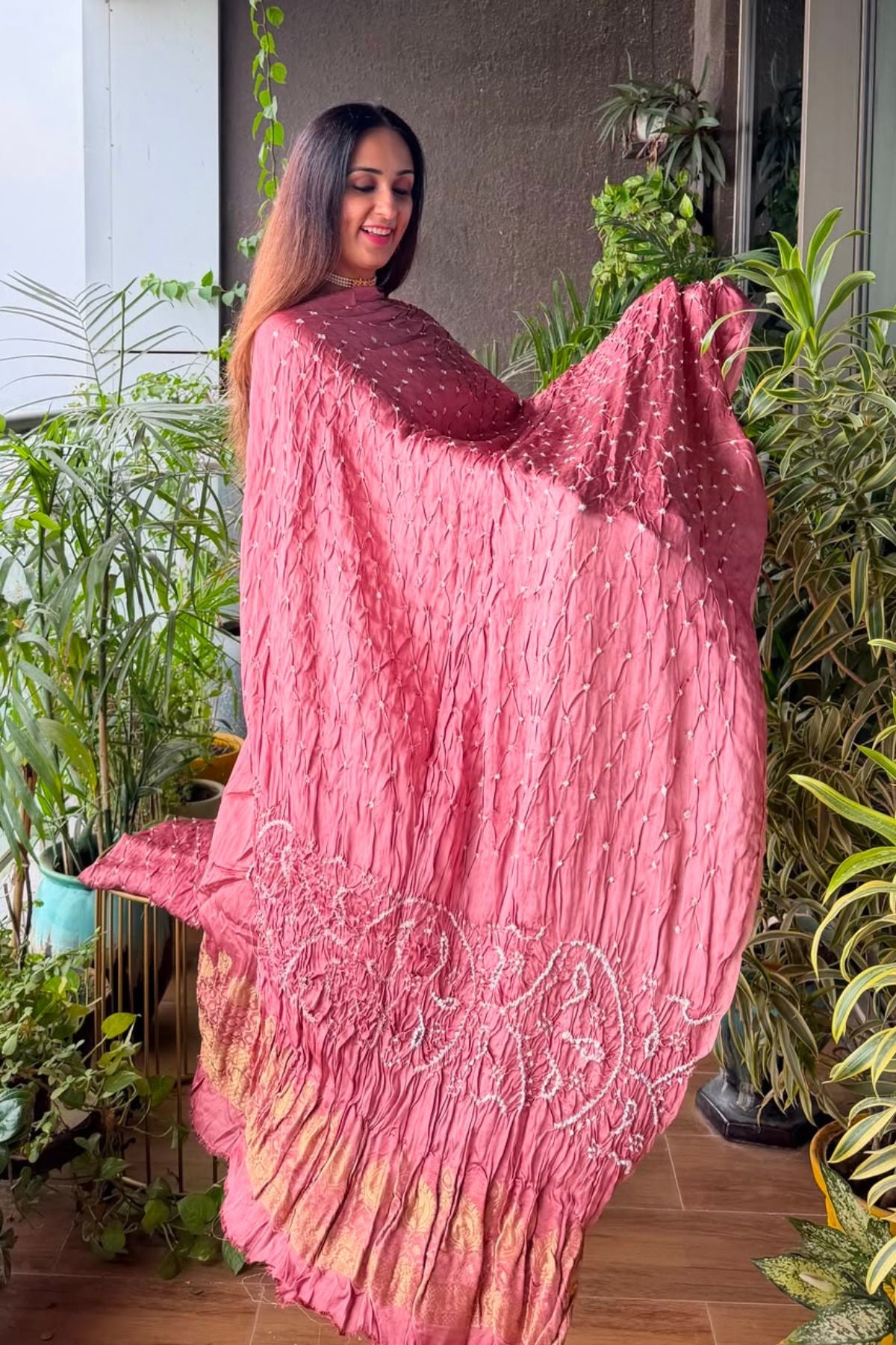 Pure modal silk full set with hand done bandhani and zari weaving!!