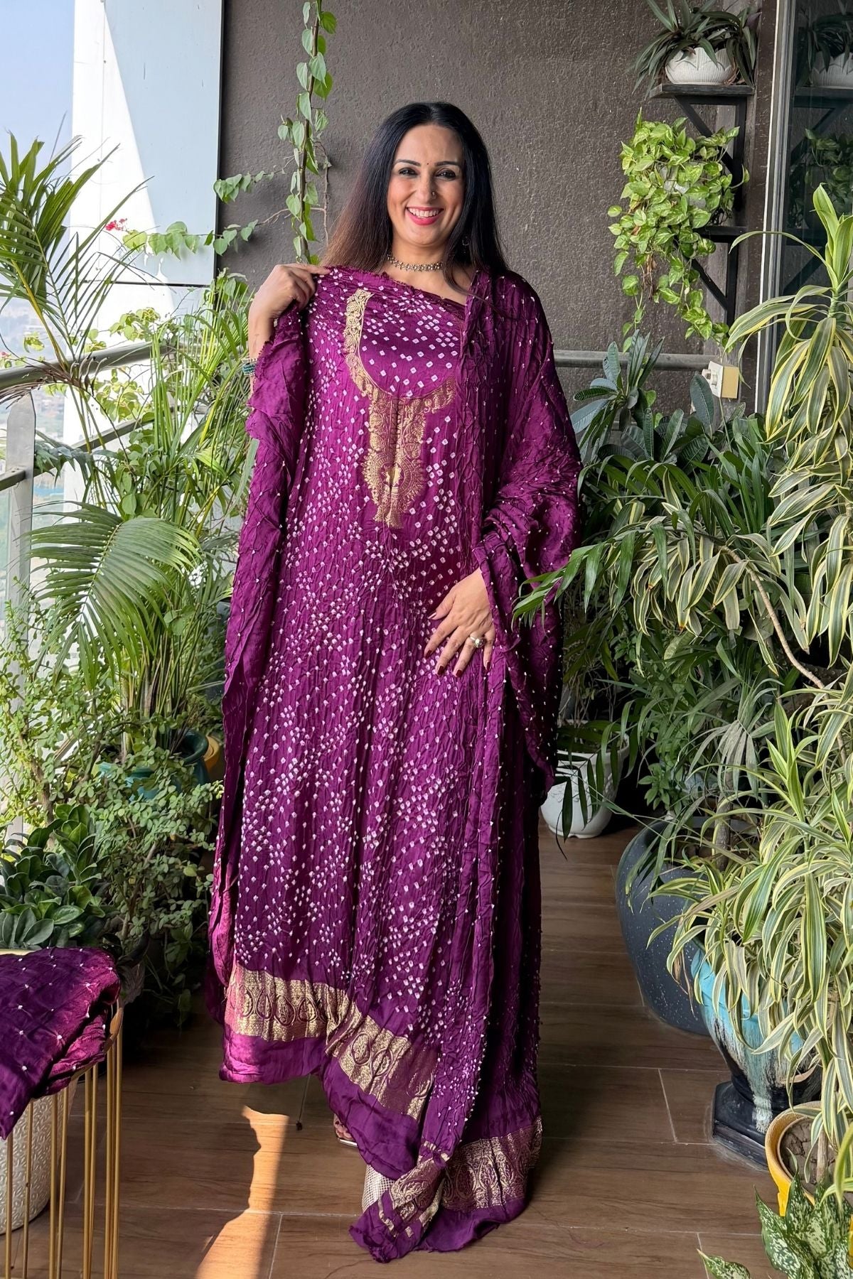Pure modal silk full set with hand done bandhani and zari weaving!!