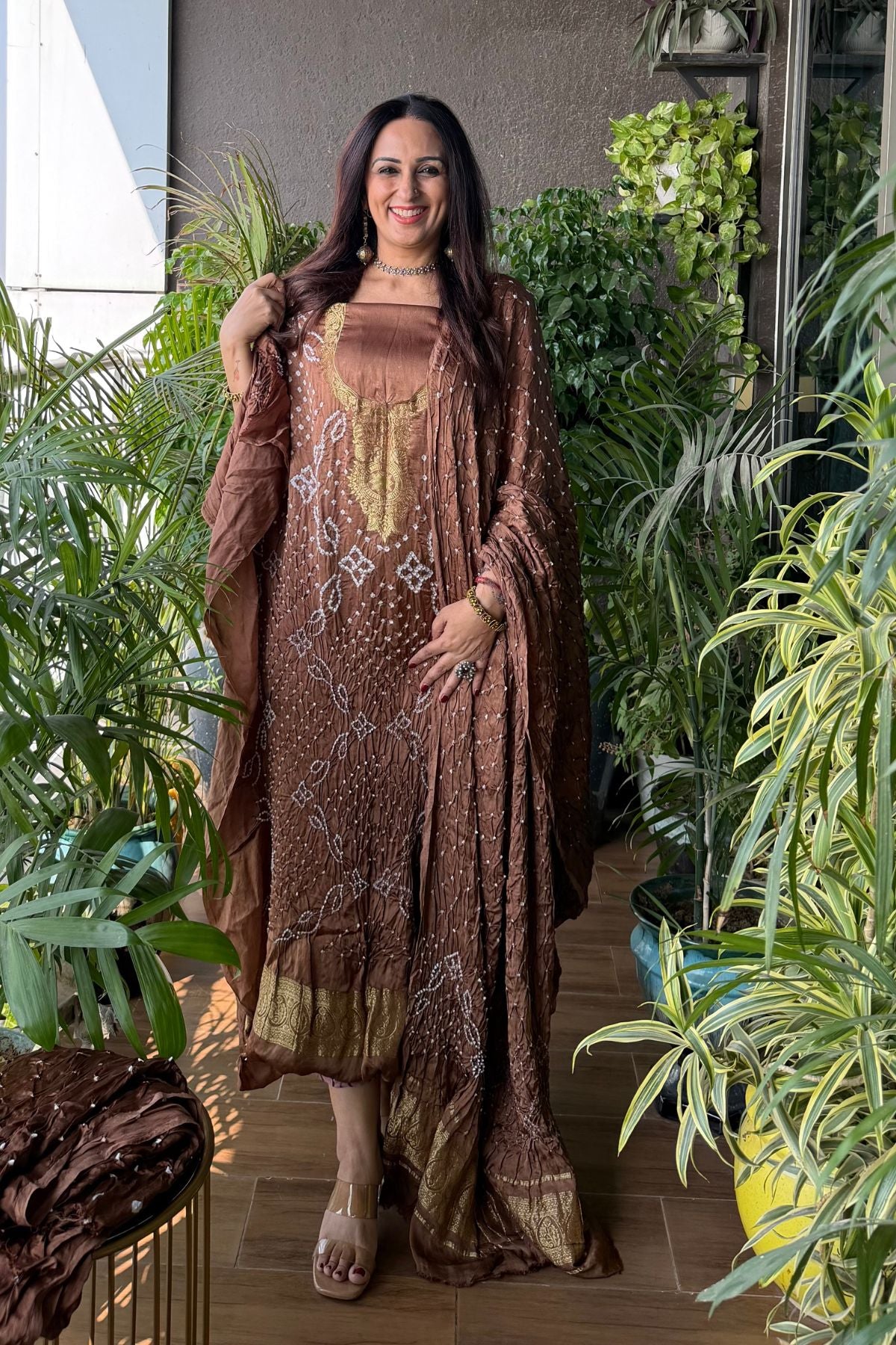 Pure modal silk full set with hand done bandhani and zari weaving!!