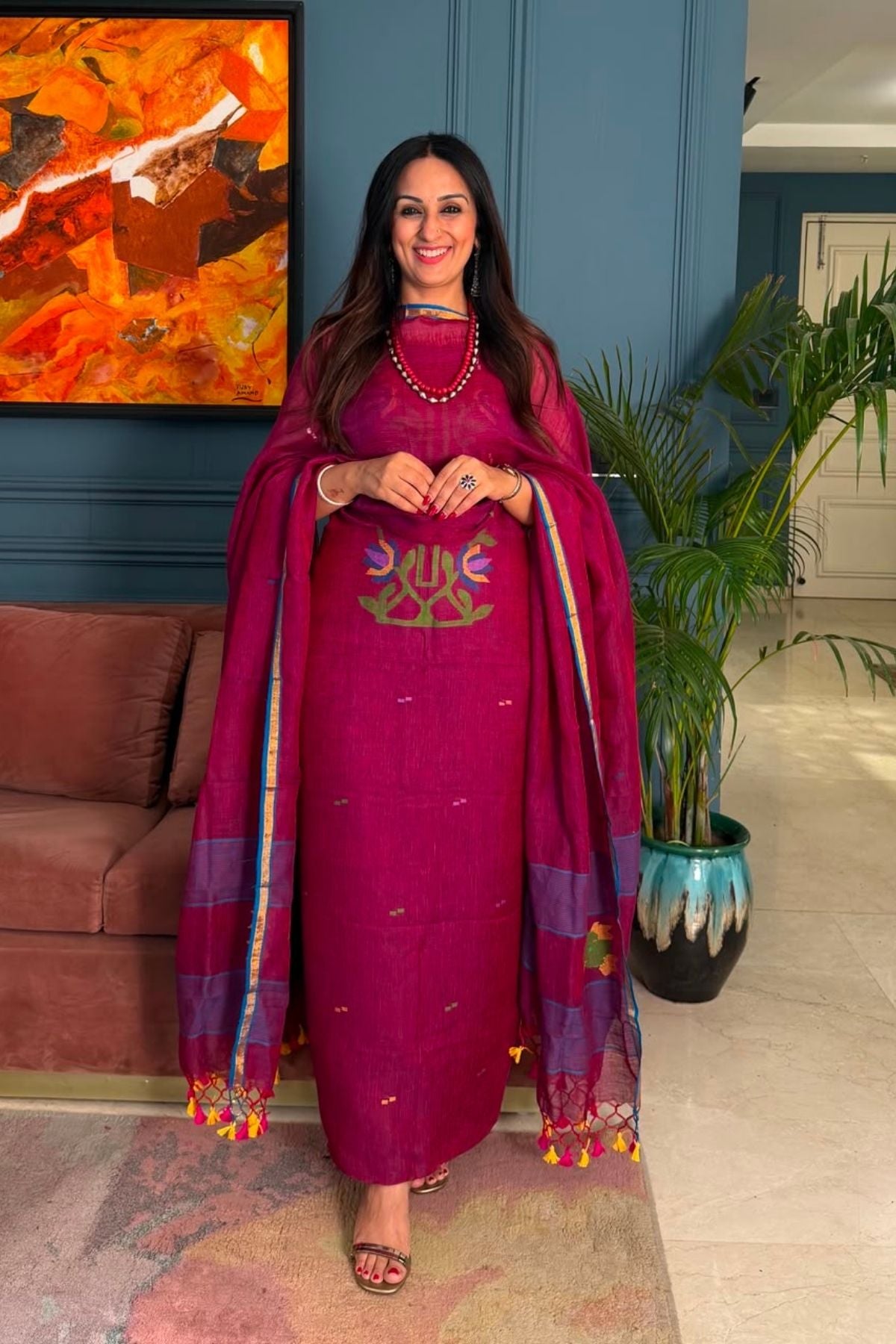 Jamdani weave kurta dupatta set on 100 count linen by linen!!