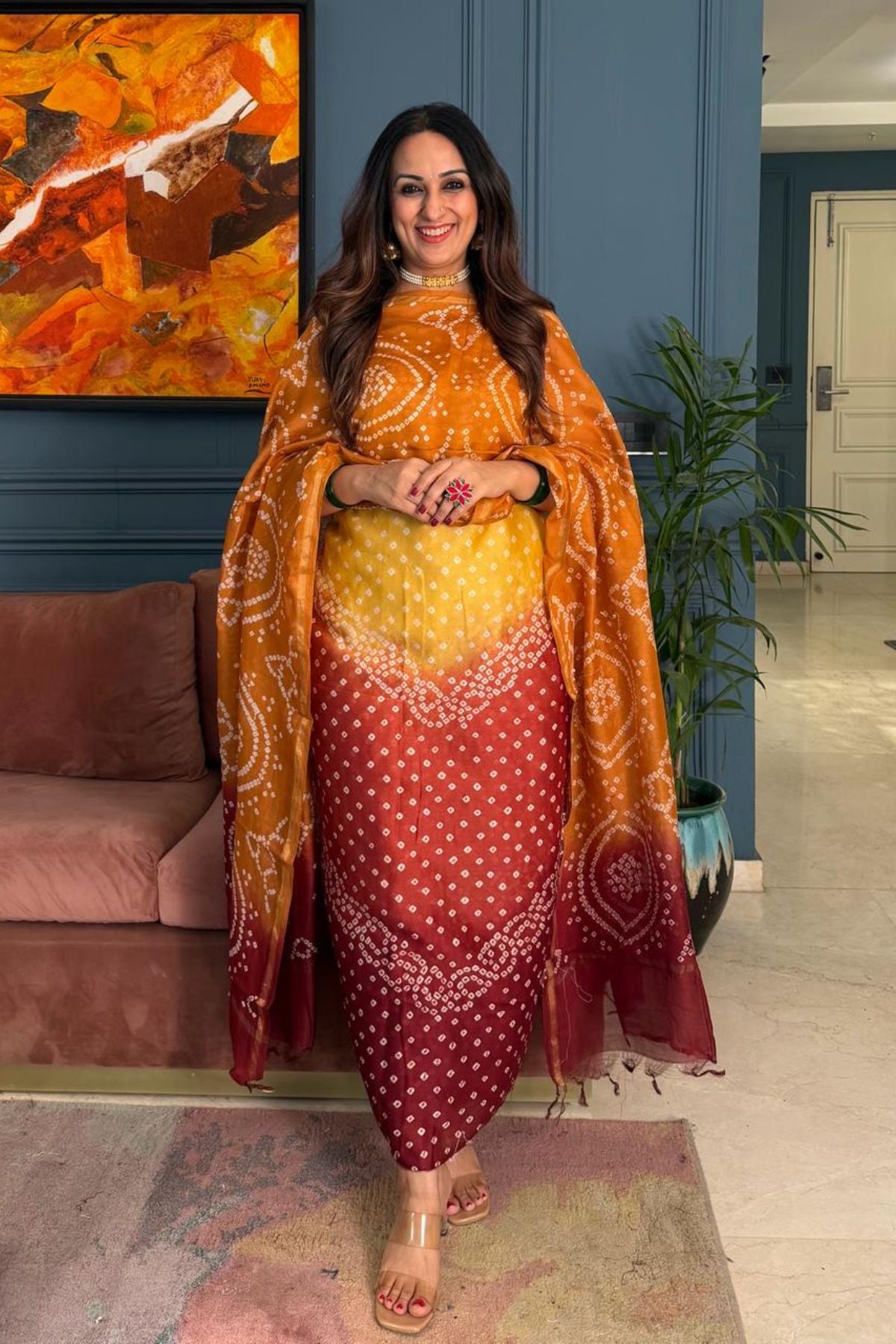 Bandhani kurta dupatta set on shaded Chanderi silk!!