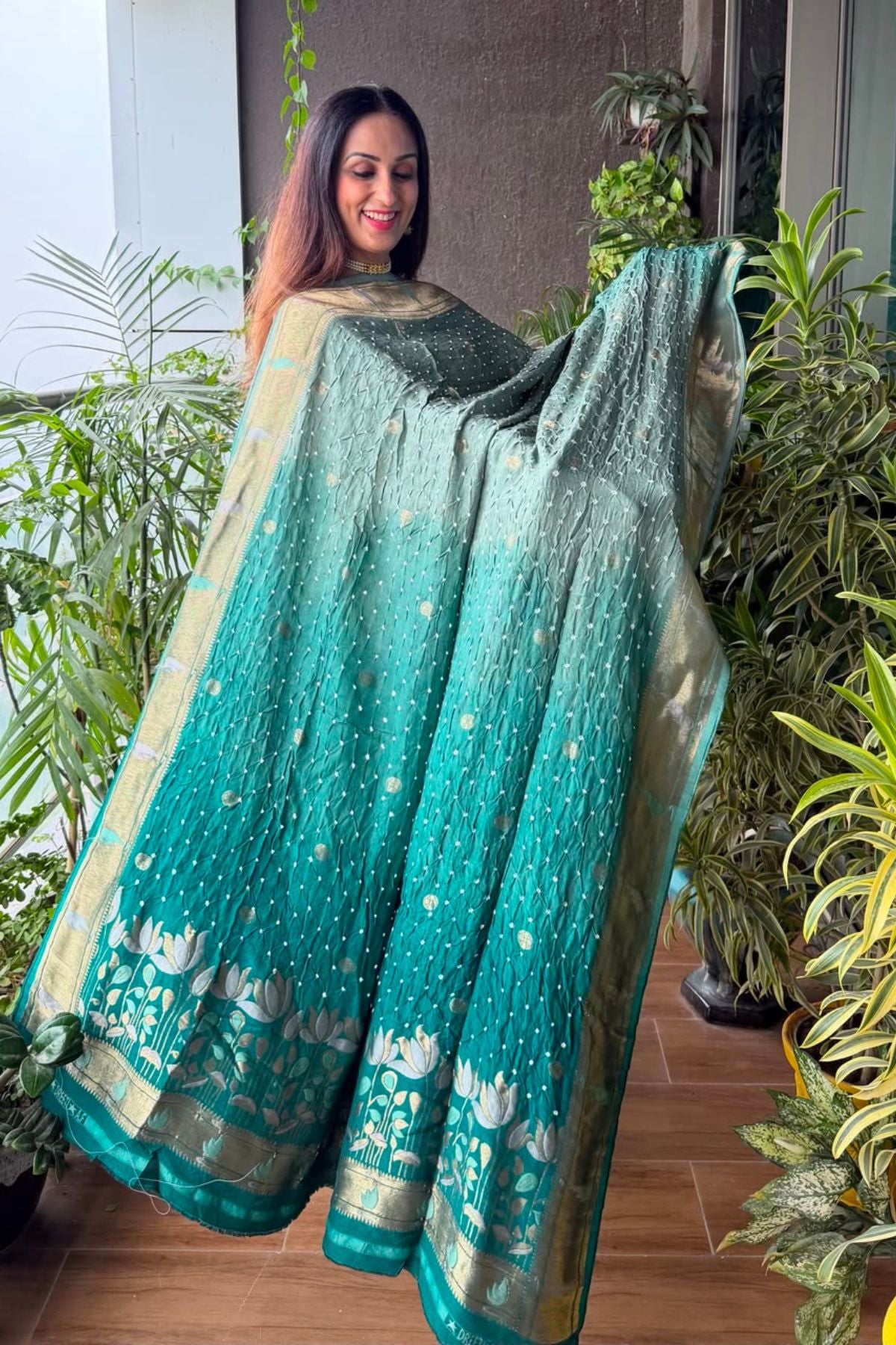 Pure modal silk full set with hand done bandhani and zari weaving!!