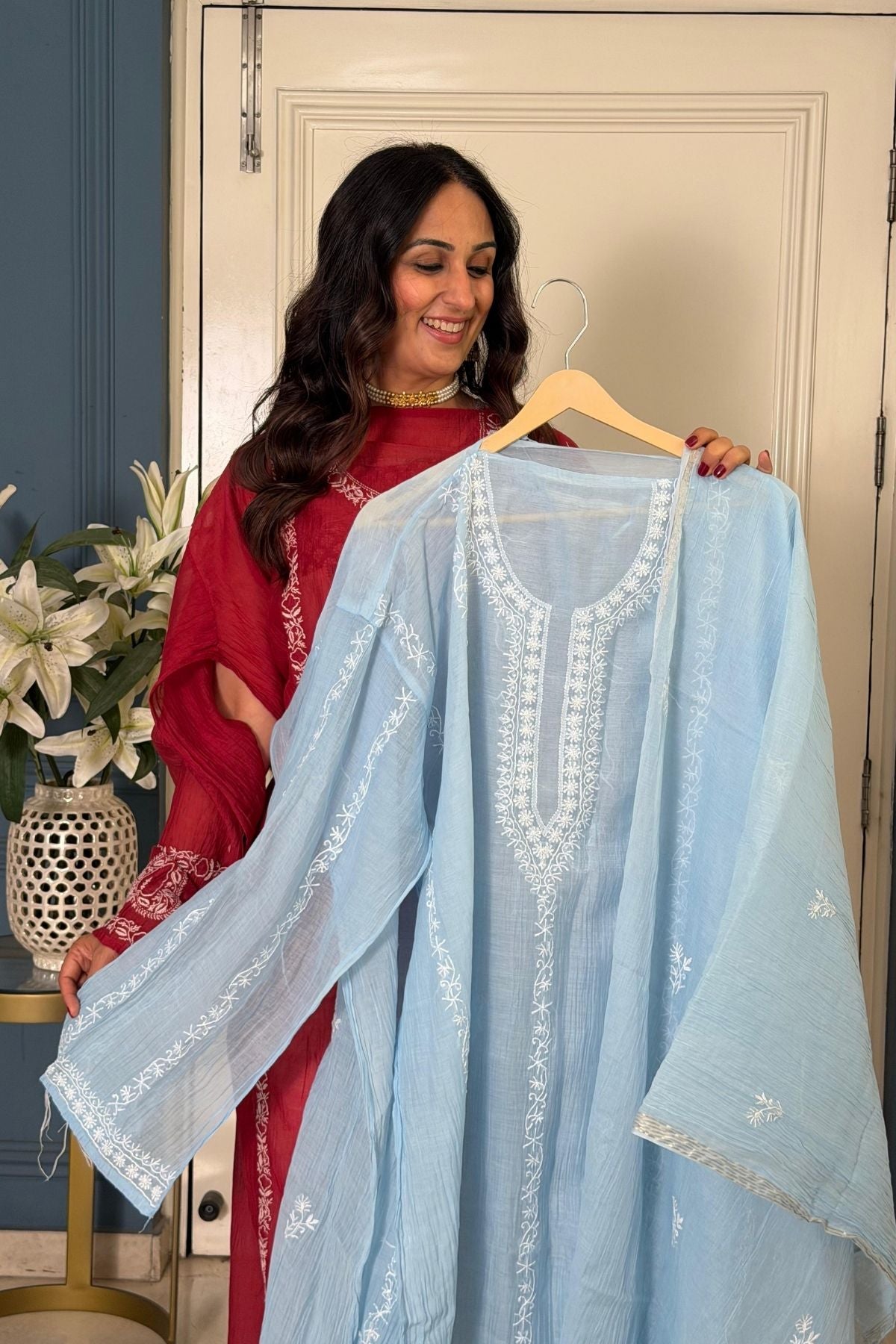 Pure Mul cotton semi stitched Chikankari kurta dupatta set!!!