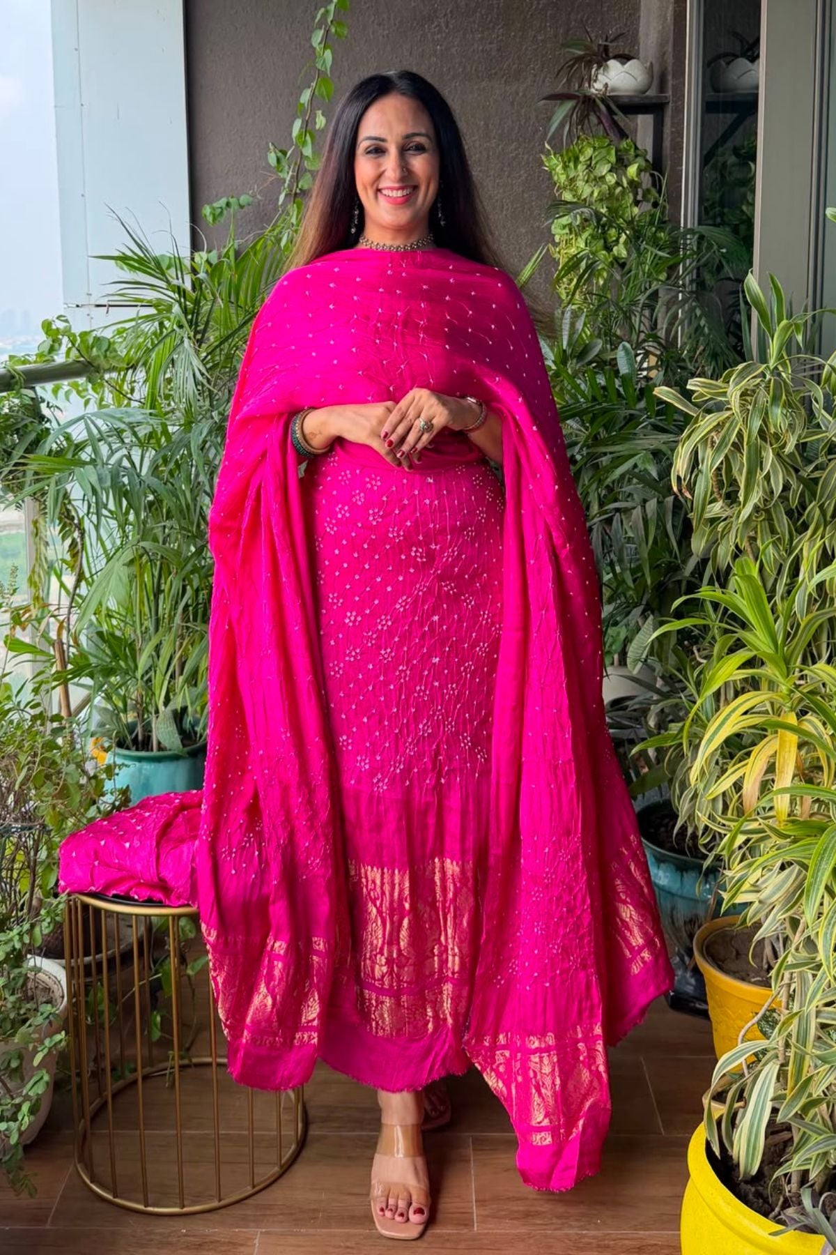 Pure modal silk full set with hand done bandhani and zari weaving!!