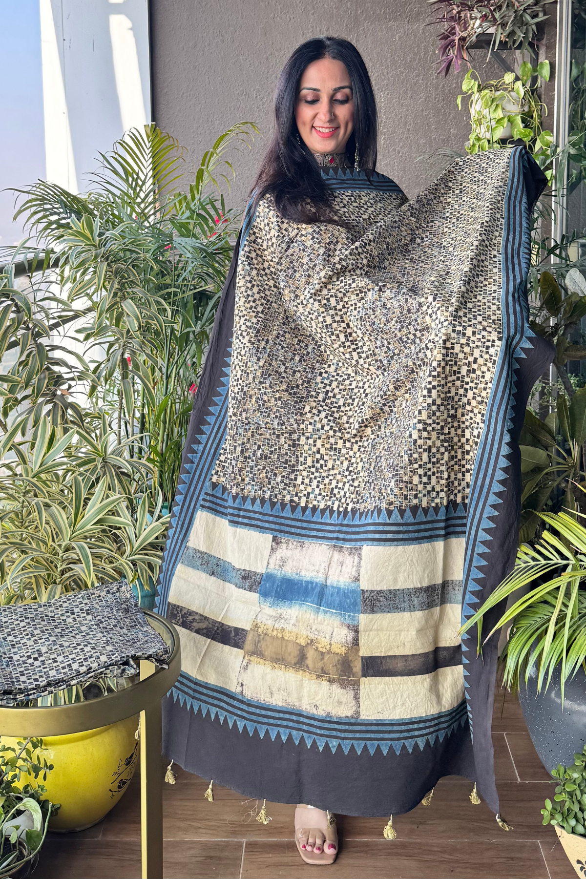 Contempary degine ajrakh suits set ivory base