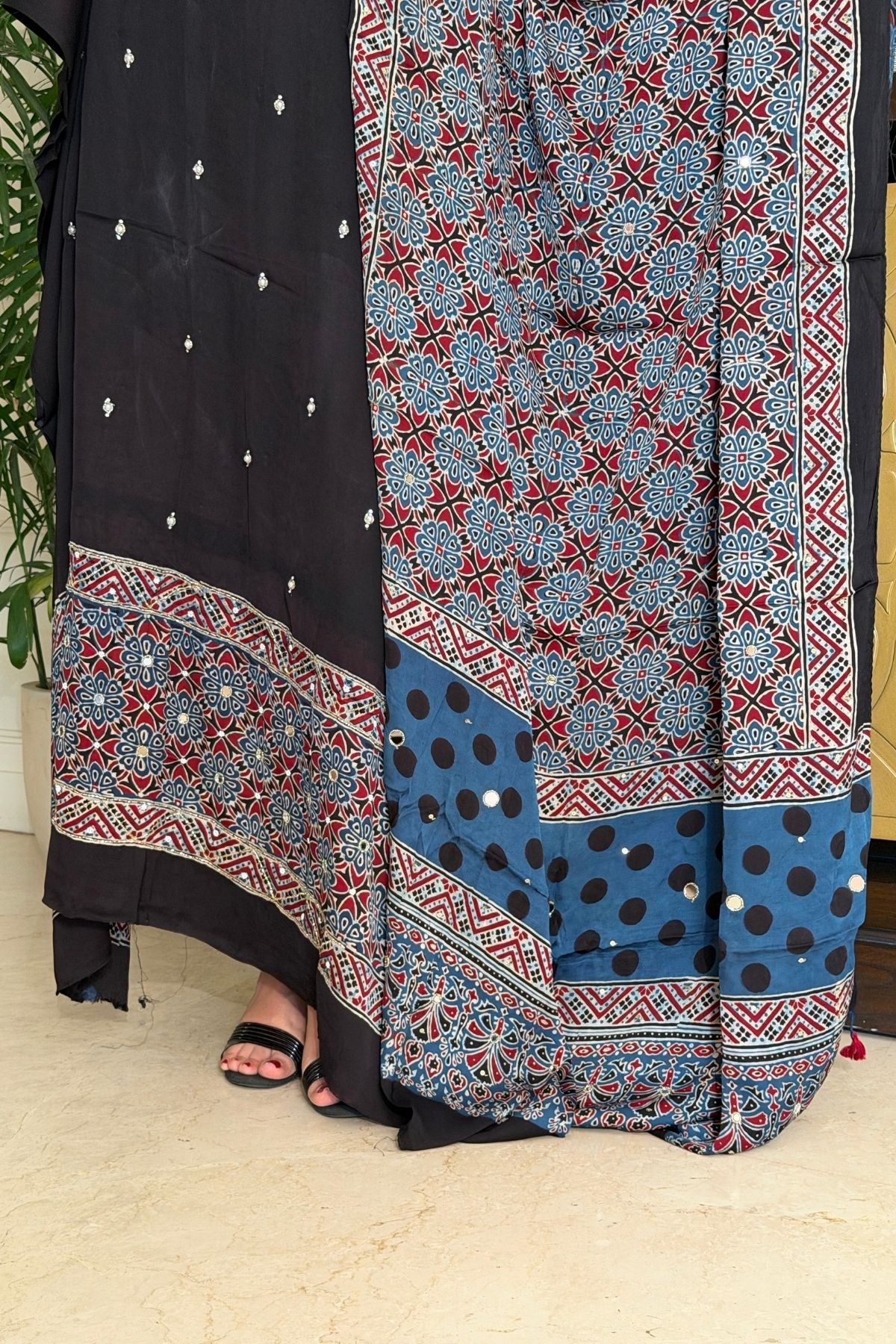 Handblocked Ajrakh kurta dupatta set with very intricate hand embroidery!!
