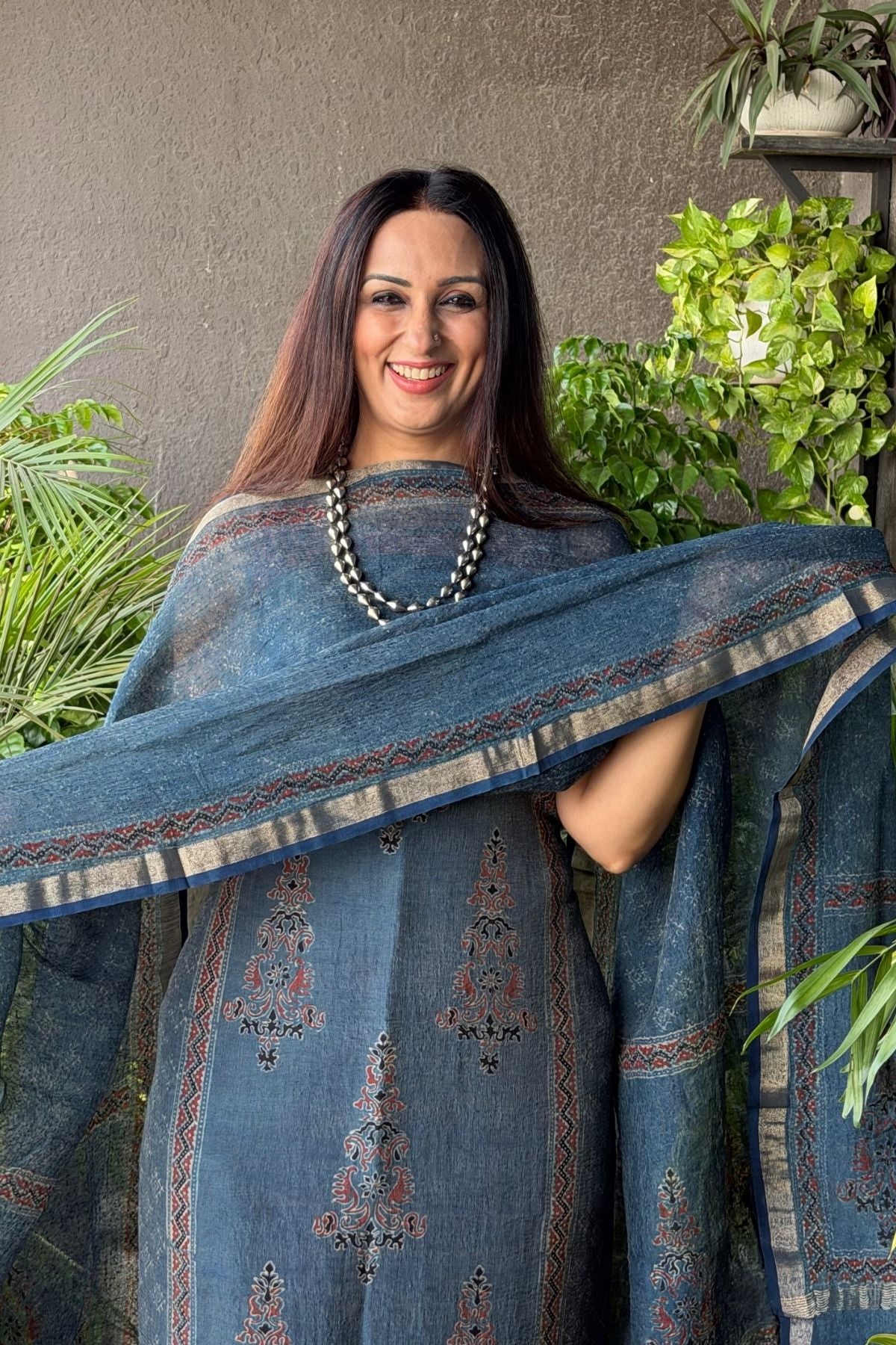 Ajrakh On Pure Linen Silk