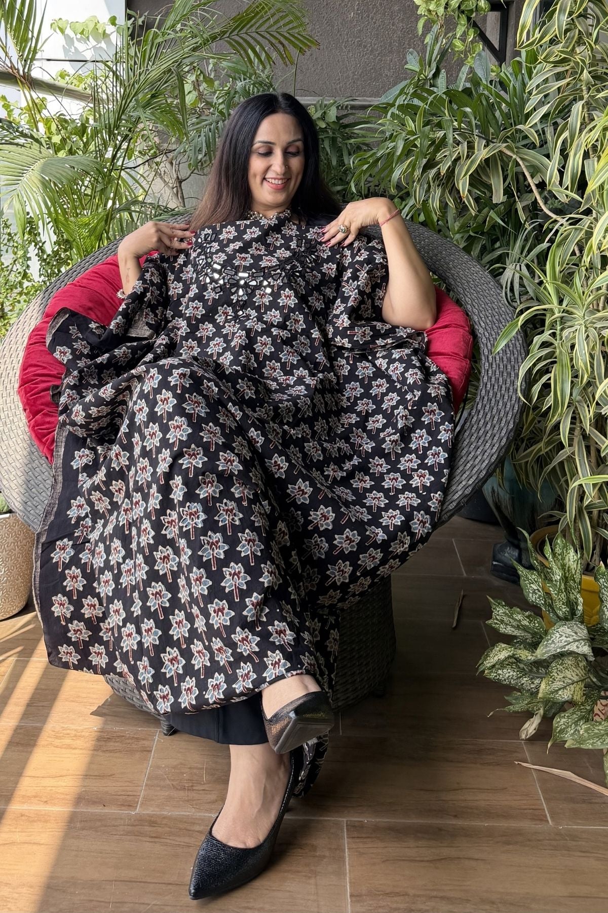 Handblocked pure cotton kurta with Kutch mirror work embroidery!!