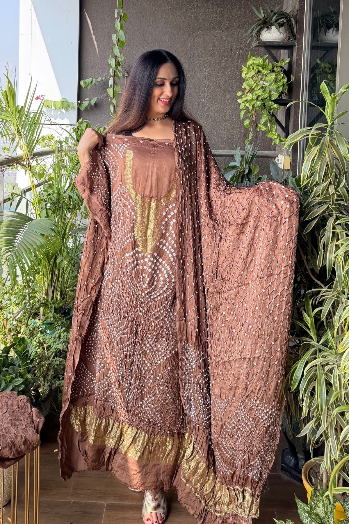 Pure modal silk full set with hand done bandhani and zari weaving!!