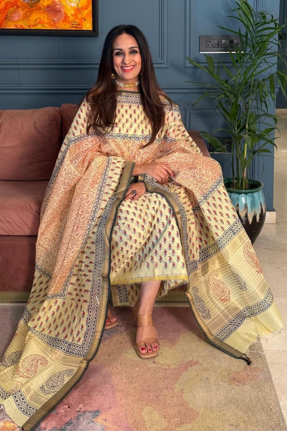 Handblocked Maheshwari kurta dupatta set!!