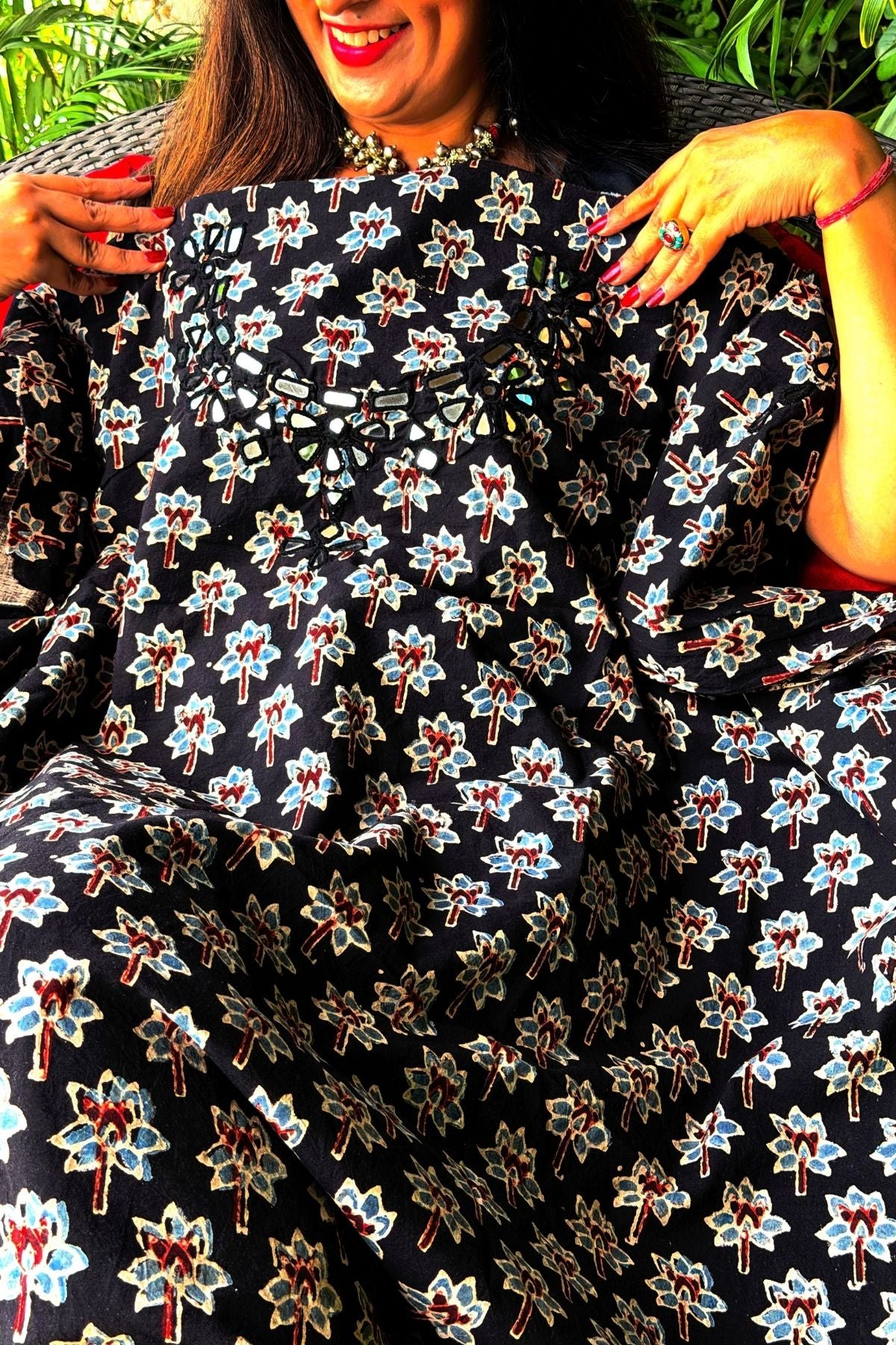 Handblocked pure cotton kurta with Kutch mirror work embroidery!!