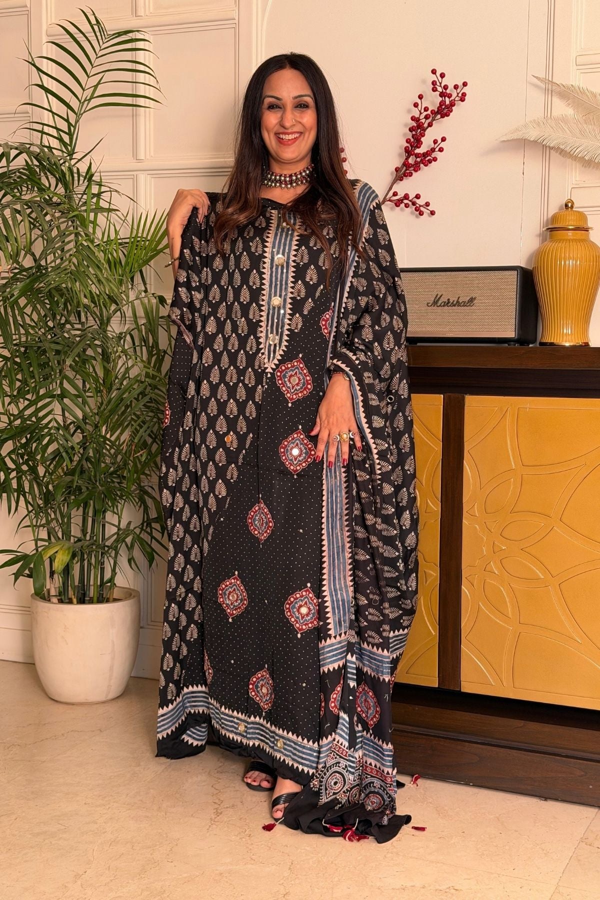 Handblocked Ajrakh kurta dupatta set with very intricate hand embroidery!!