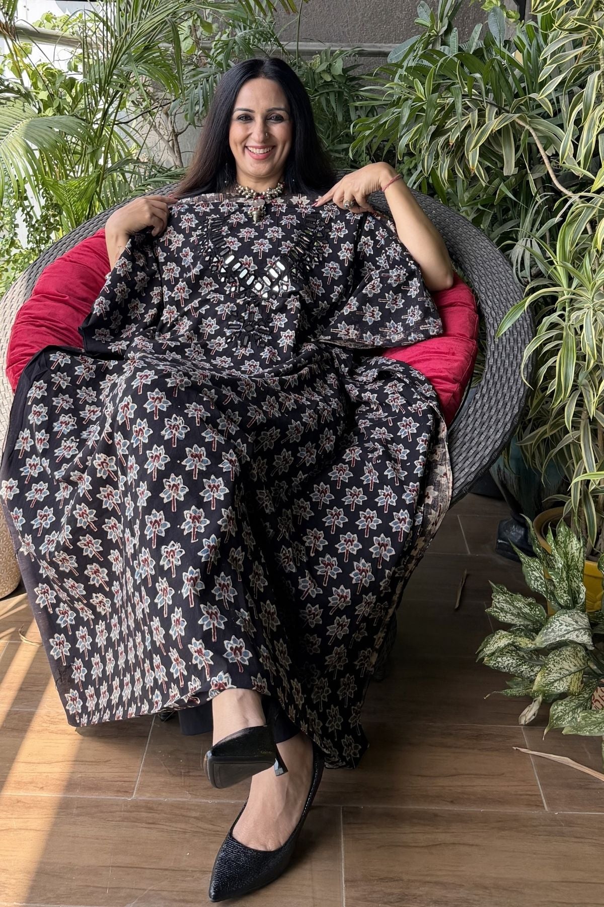Handblocked pure cotton kurta with Kutch mirror work embroidery!!