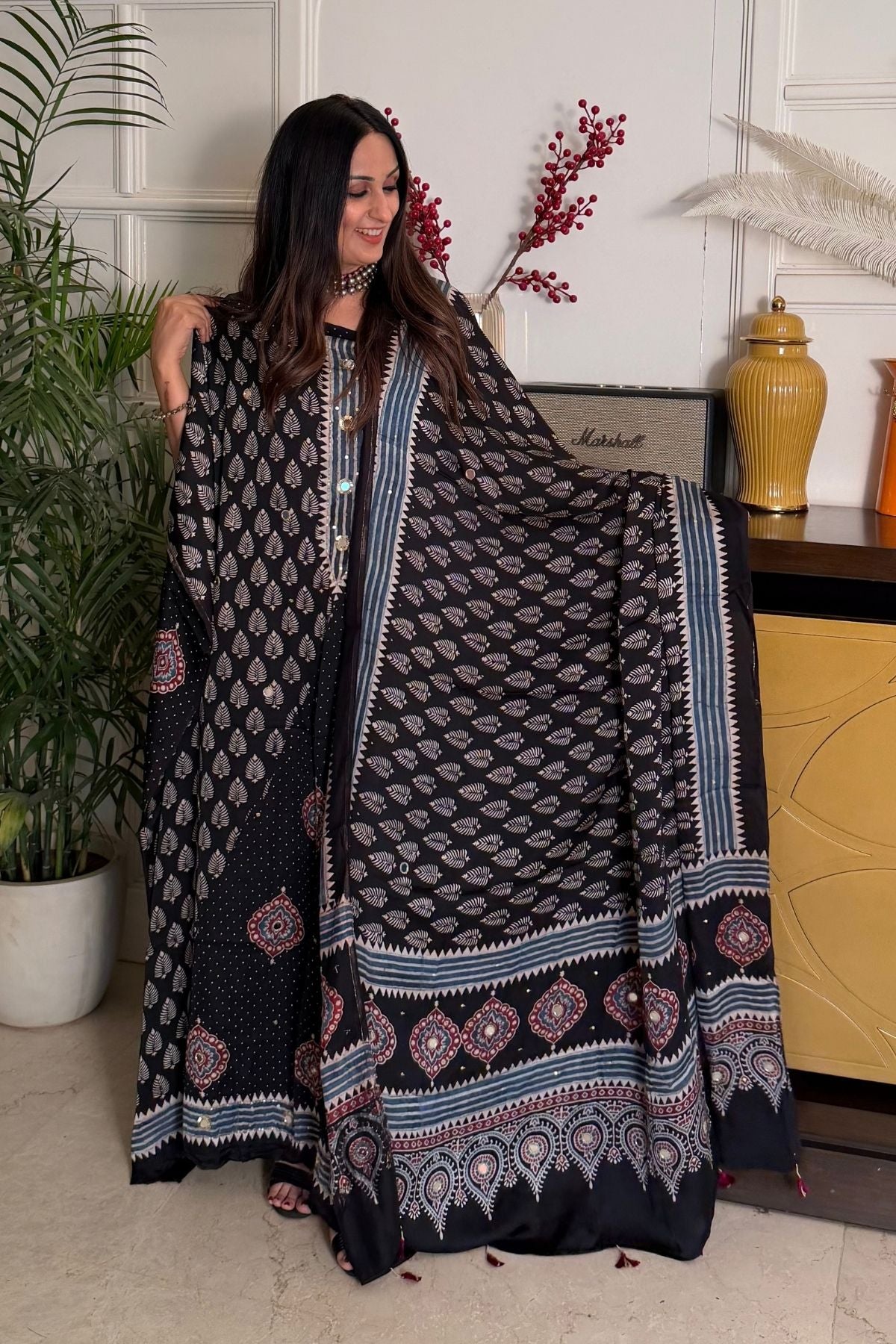 Handblocked Ajrakh kurta dupatta set with very intricate hand embroidery!!