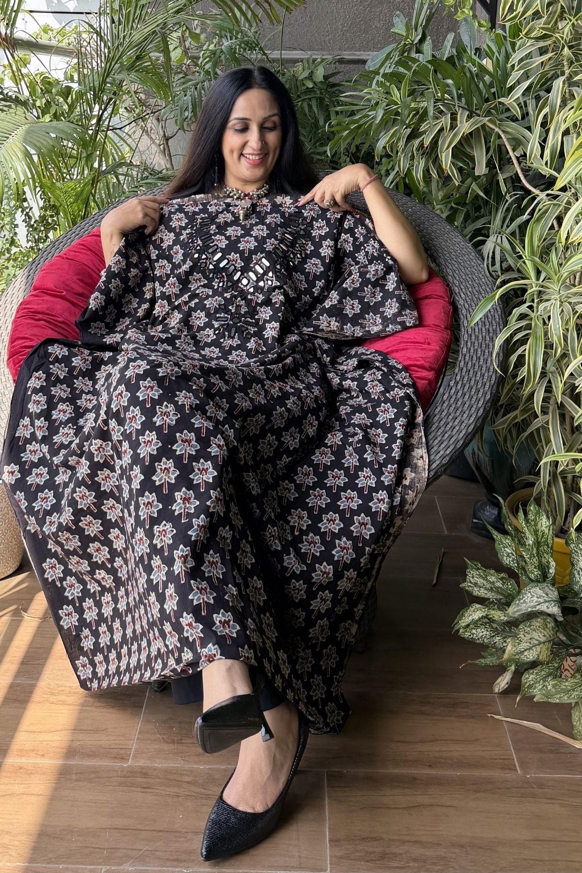 Handblocked pure cotton kurta with Kutch mirror work embroidery!!