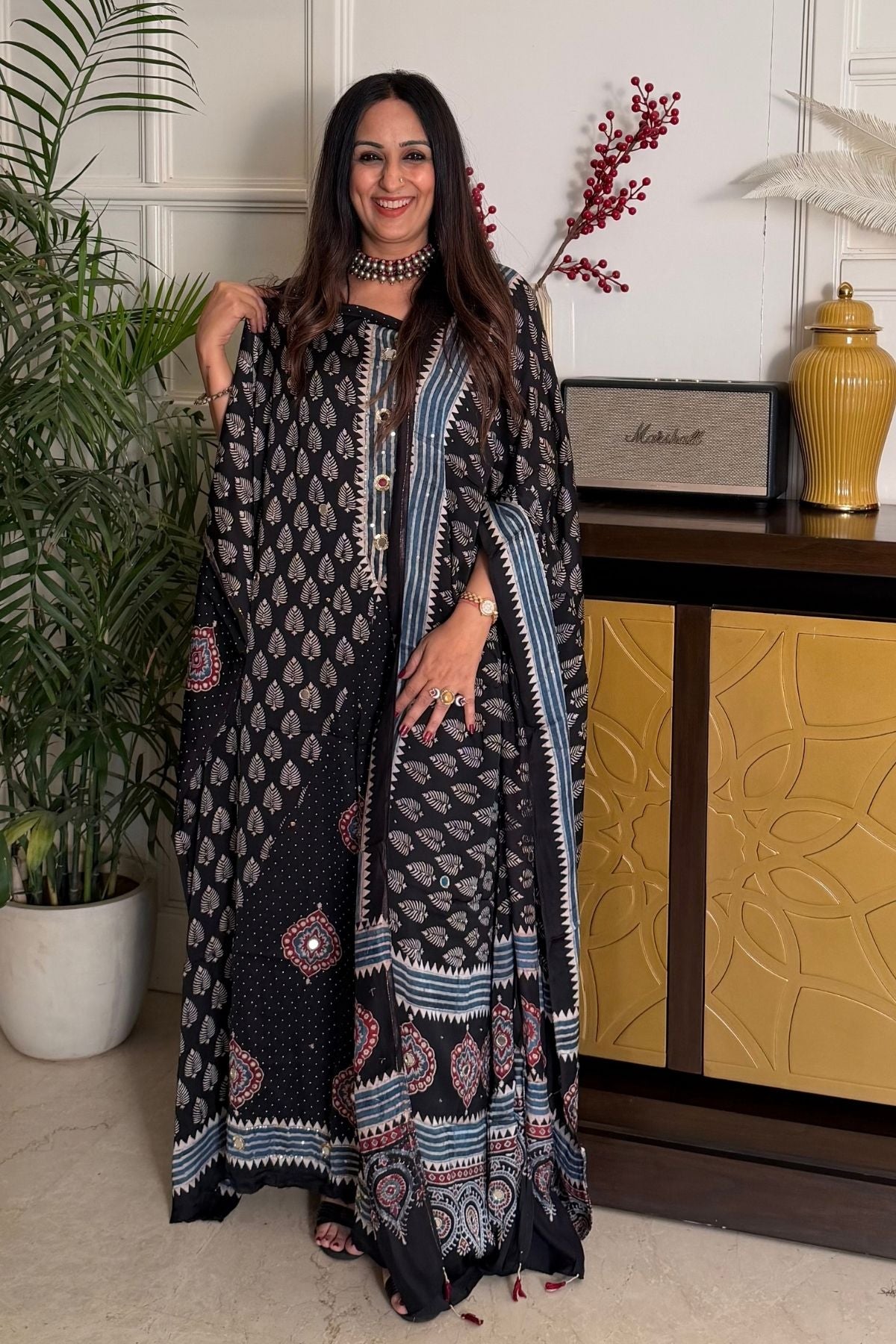 Handblocked Ajrakh kurta dupatta set with very intricate hand embroidery!!