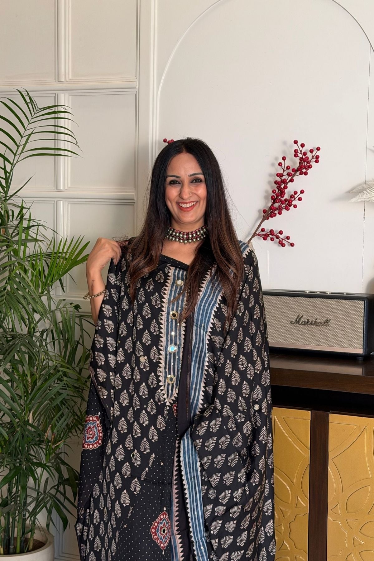 Handblocked Ajrakh kurta dupatta set with very intricate hand embroidery!!