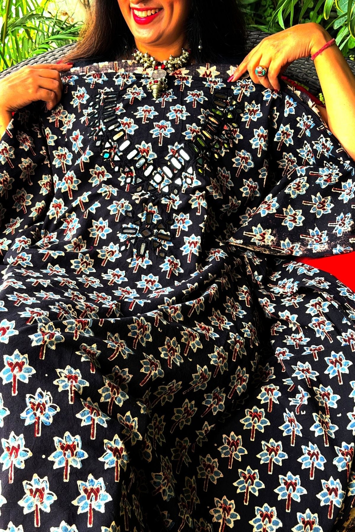 Handblocked pure cotton kurta with Kutch mirror work embroidery!!
