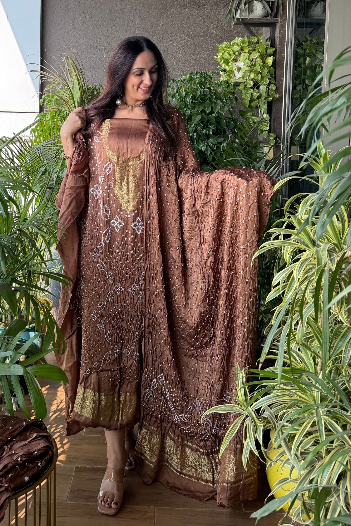 Pure modal silk full set with hand done bandhani and zari weaving!!