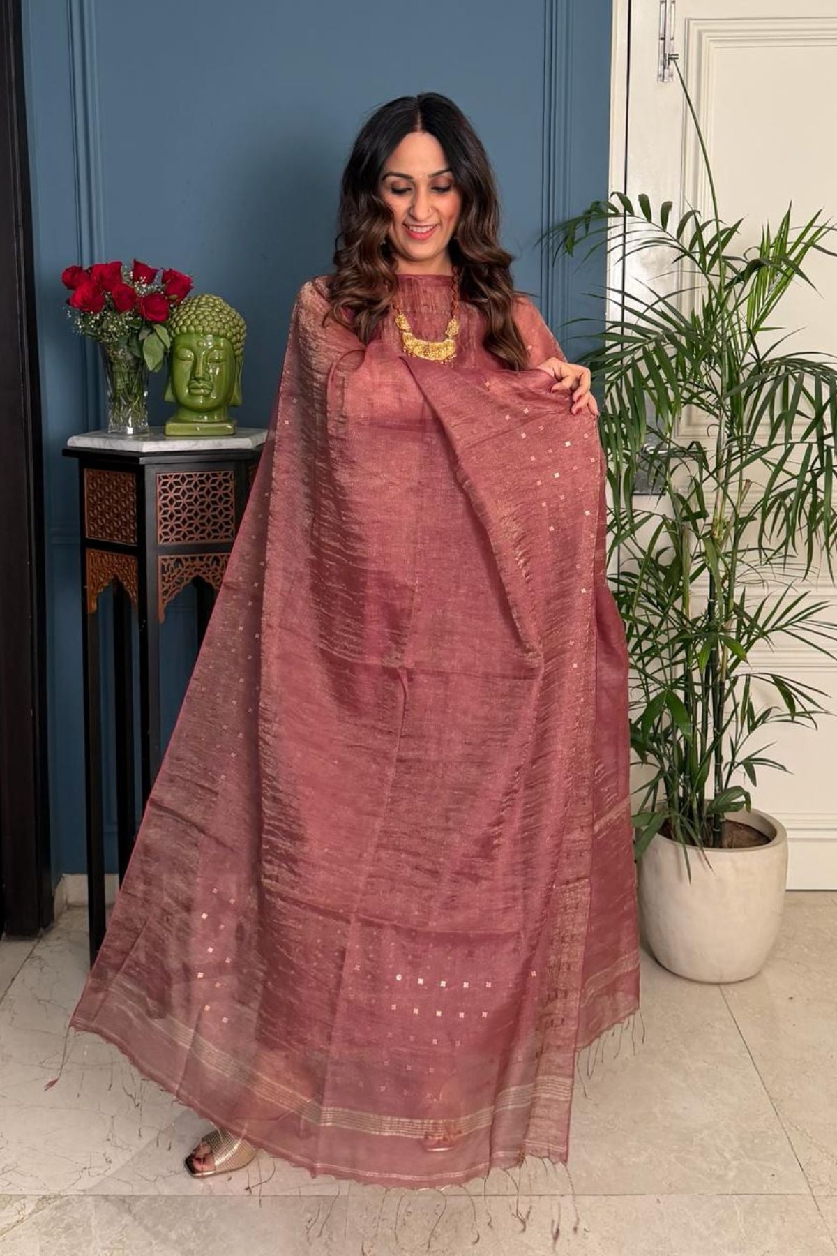 Handwoven pure tissue silk linen kurta dupatta sets !!
