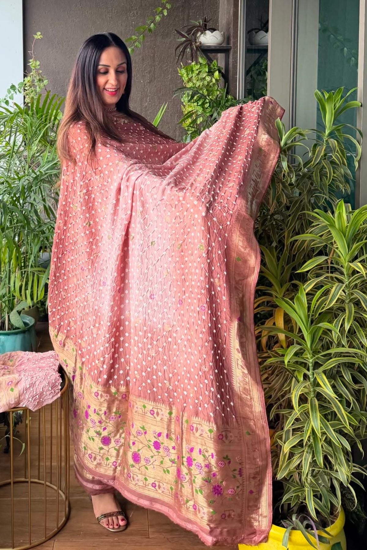 Pure gaji silk full set with hand done bandhani and zari weaving!!