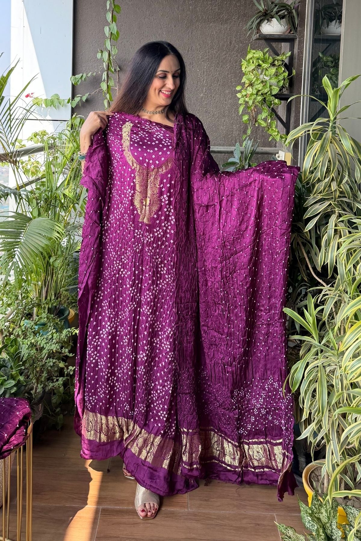 Pure modal silk full set with hand done bandhani and zari weaving!!
