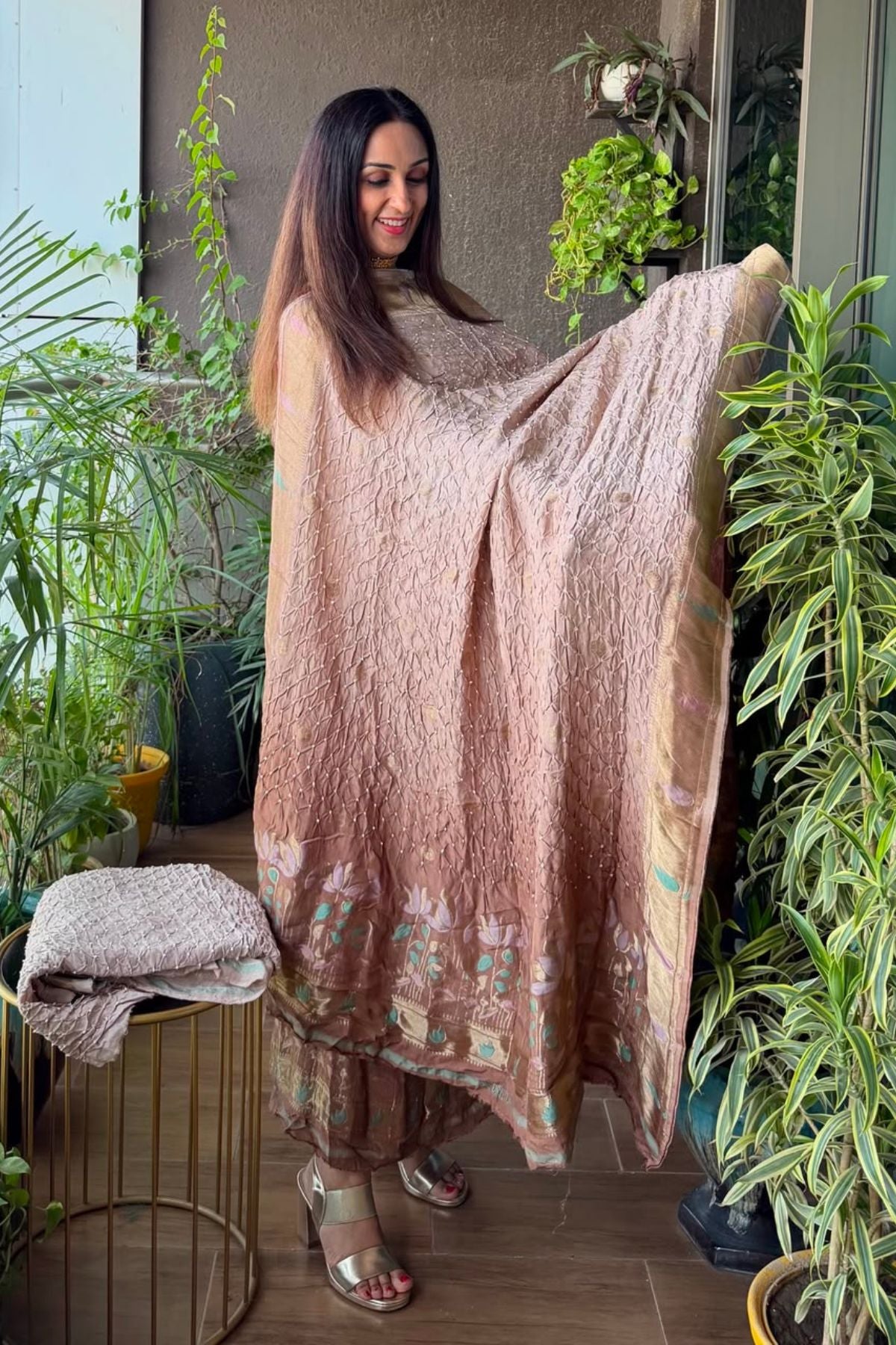 Pure gaji silk full set with hand done bandhani and zari weaving!!