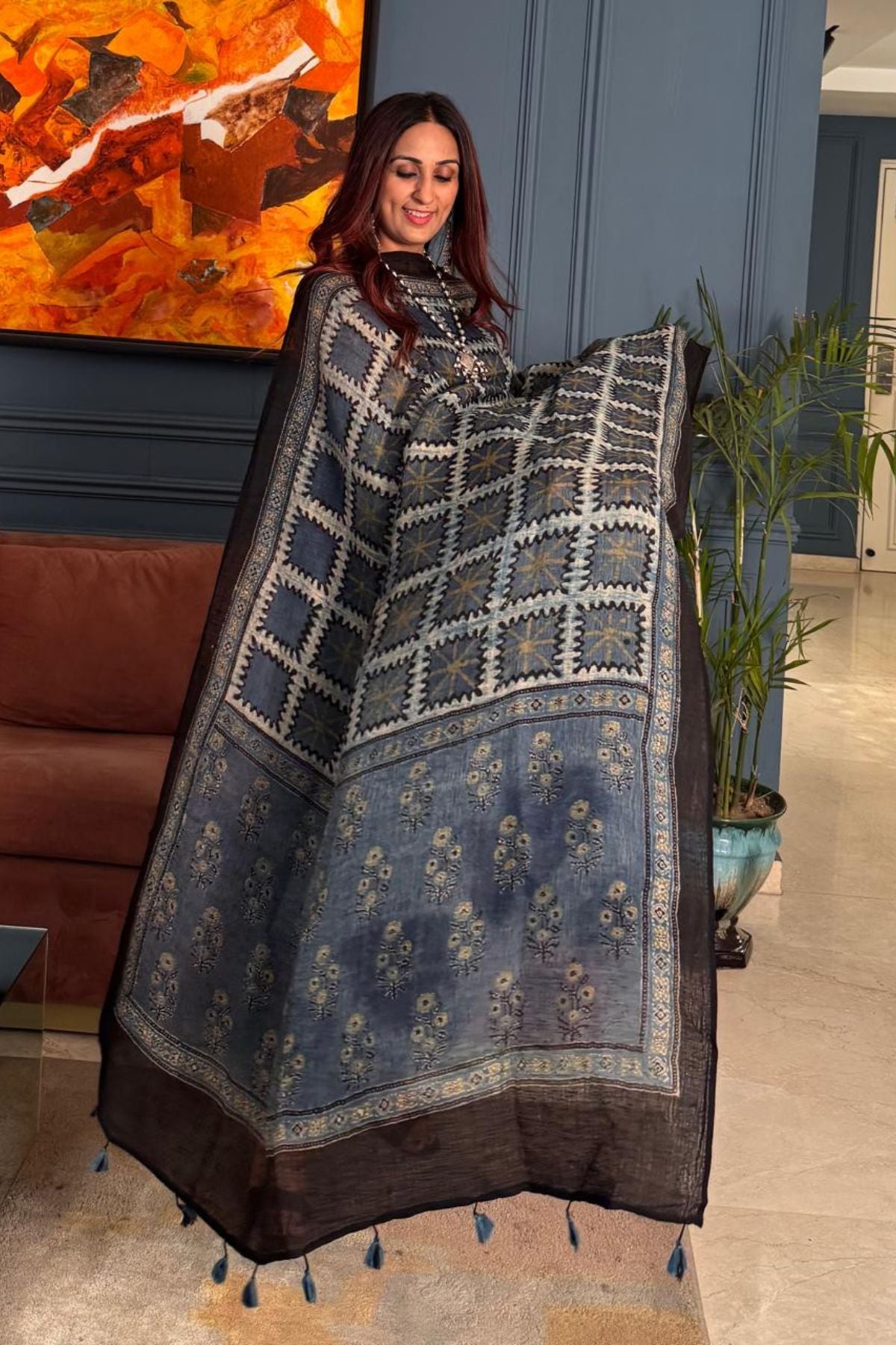 Ajrakh On Pure Linen Silk