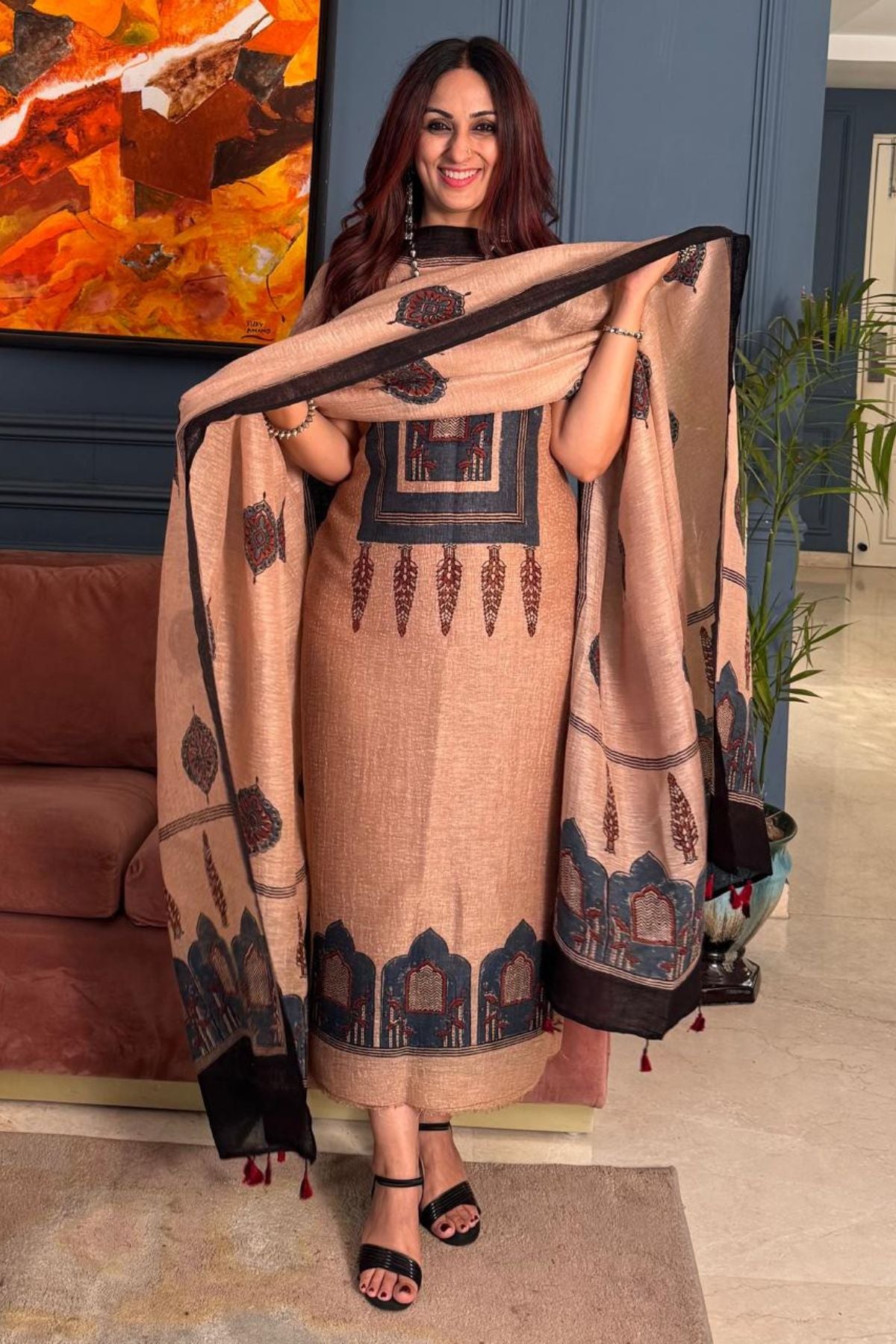 Ajrakh On Pure Linen Silk