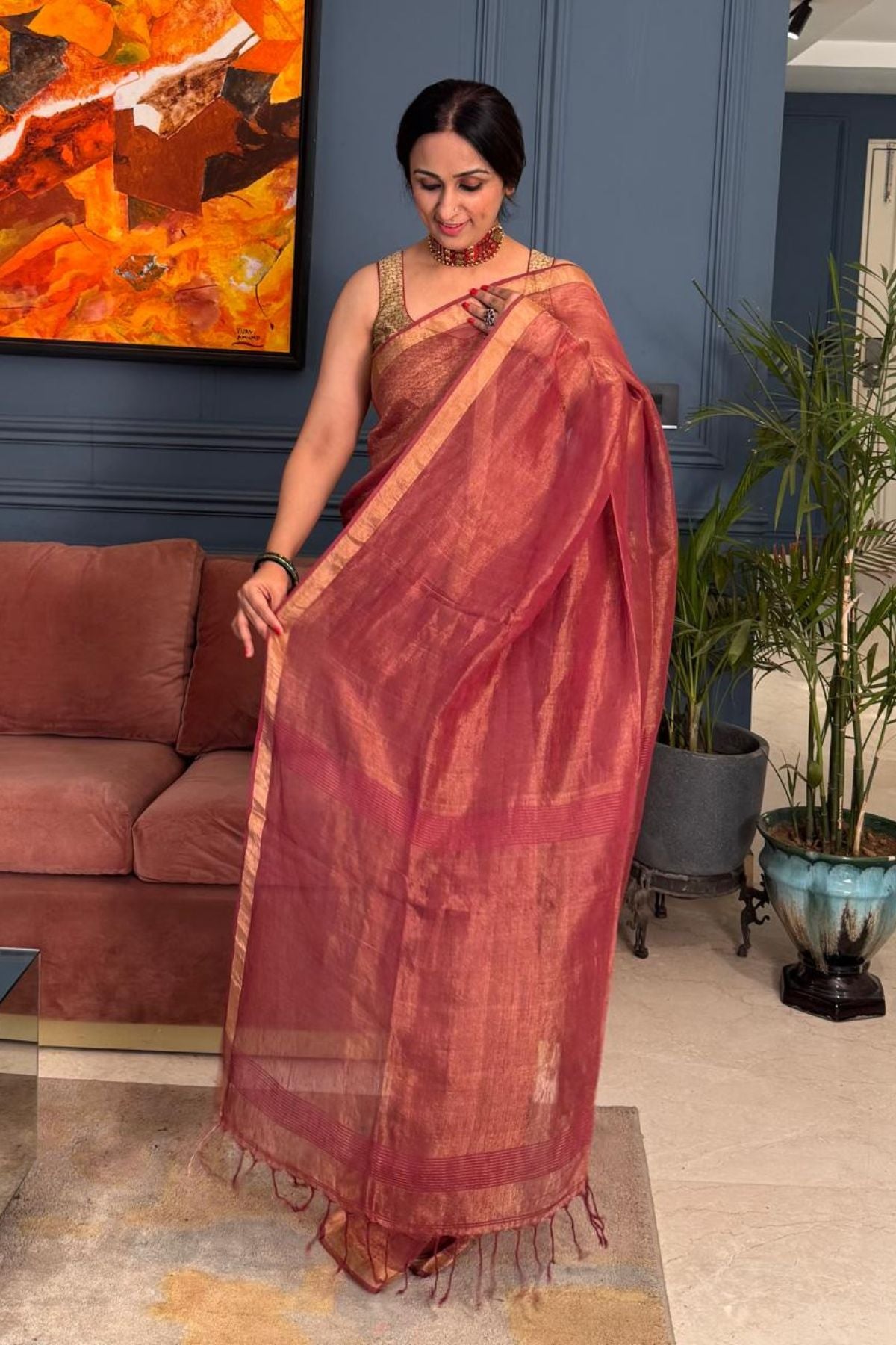 Handwoven pure tissue linen saree