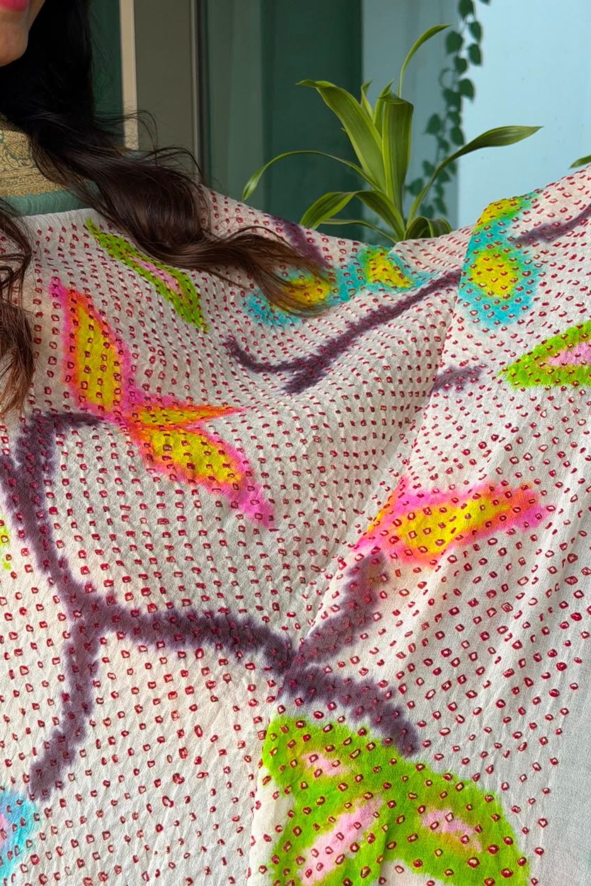 Banarasi khaddi georgette with red Bandhani kurta dupatta set!!!