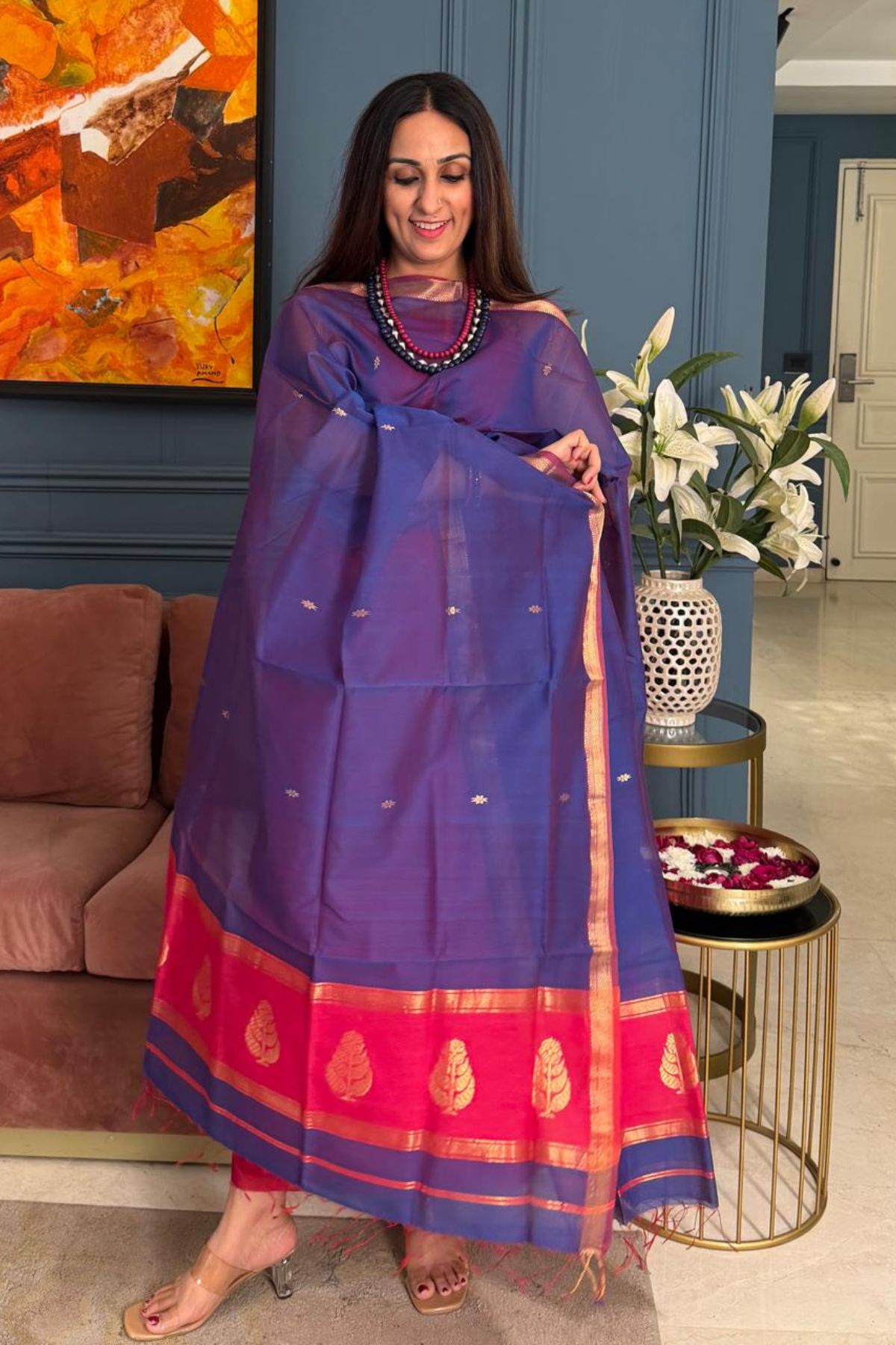 Maheshwari handloom silk by cotton kurta dupatta set