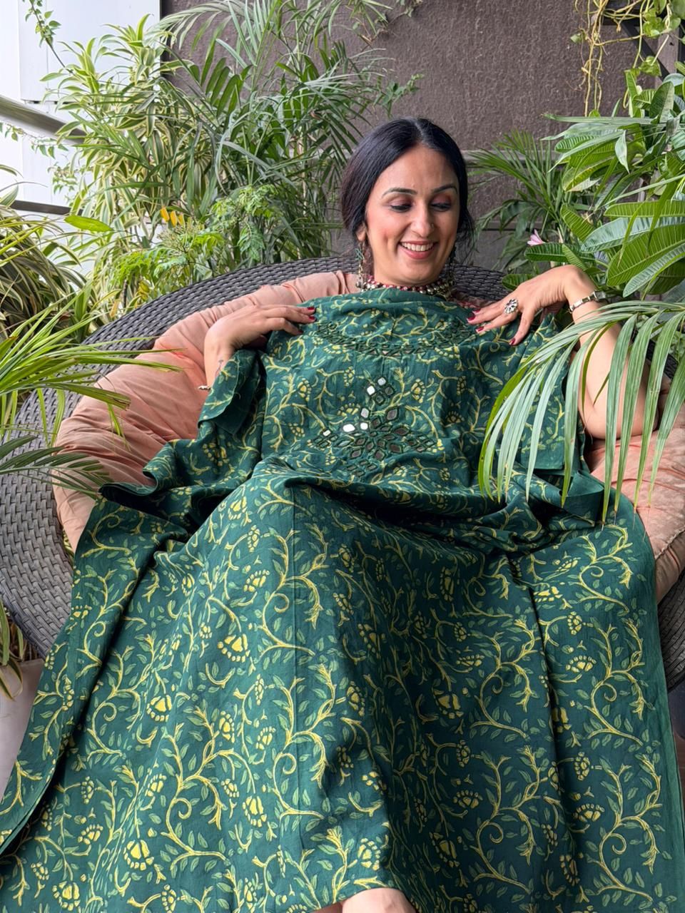 Handblocked pure cotton kurta with Kutch mirror work embroidery!!