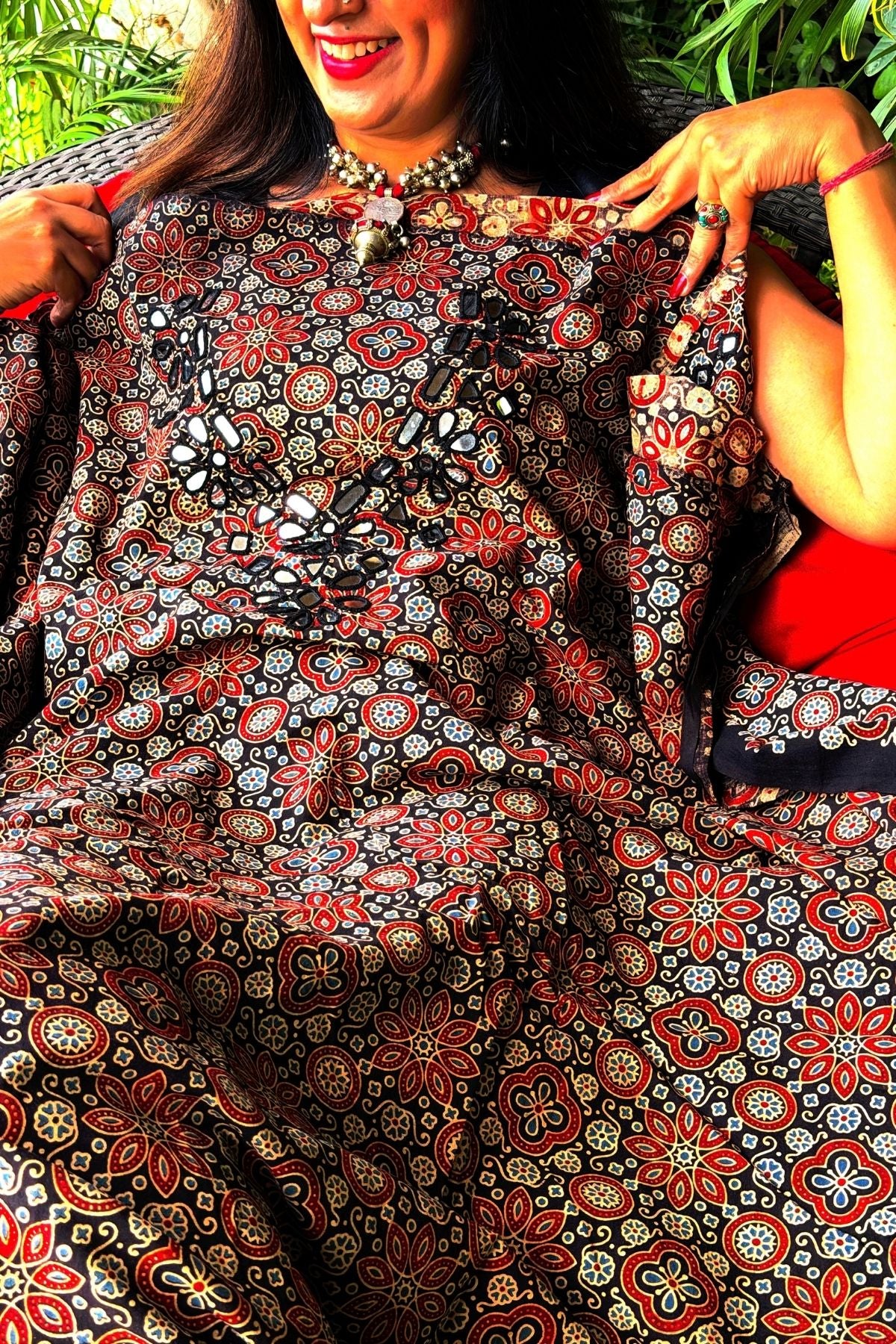 Handblocked pure cotton kurta with Kutch mirror work embroidery!!