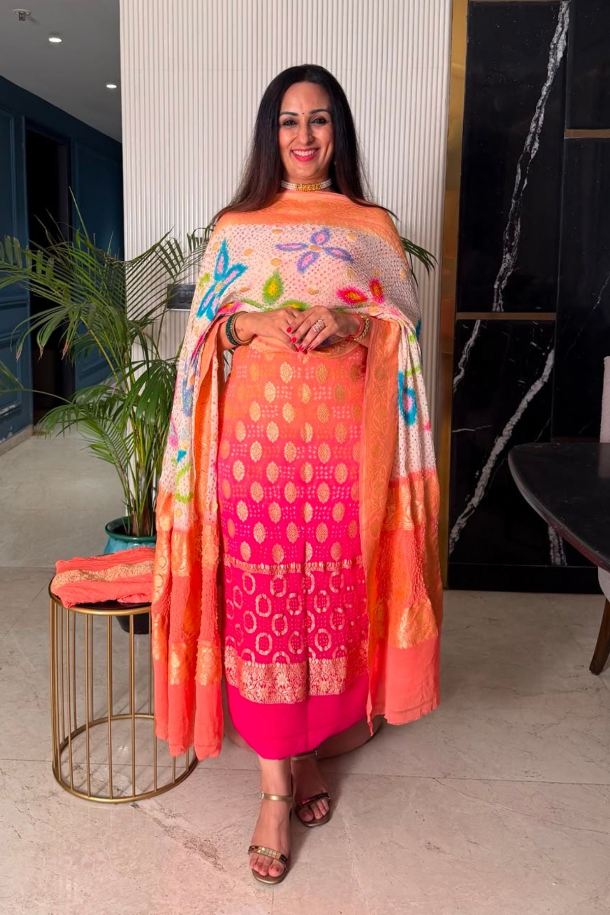 Banarasi khaddi georgette with red Bandhani full set!!!